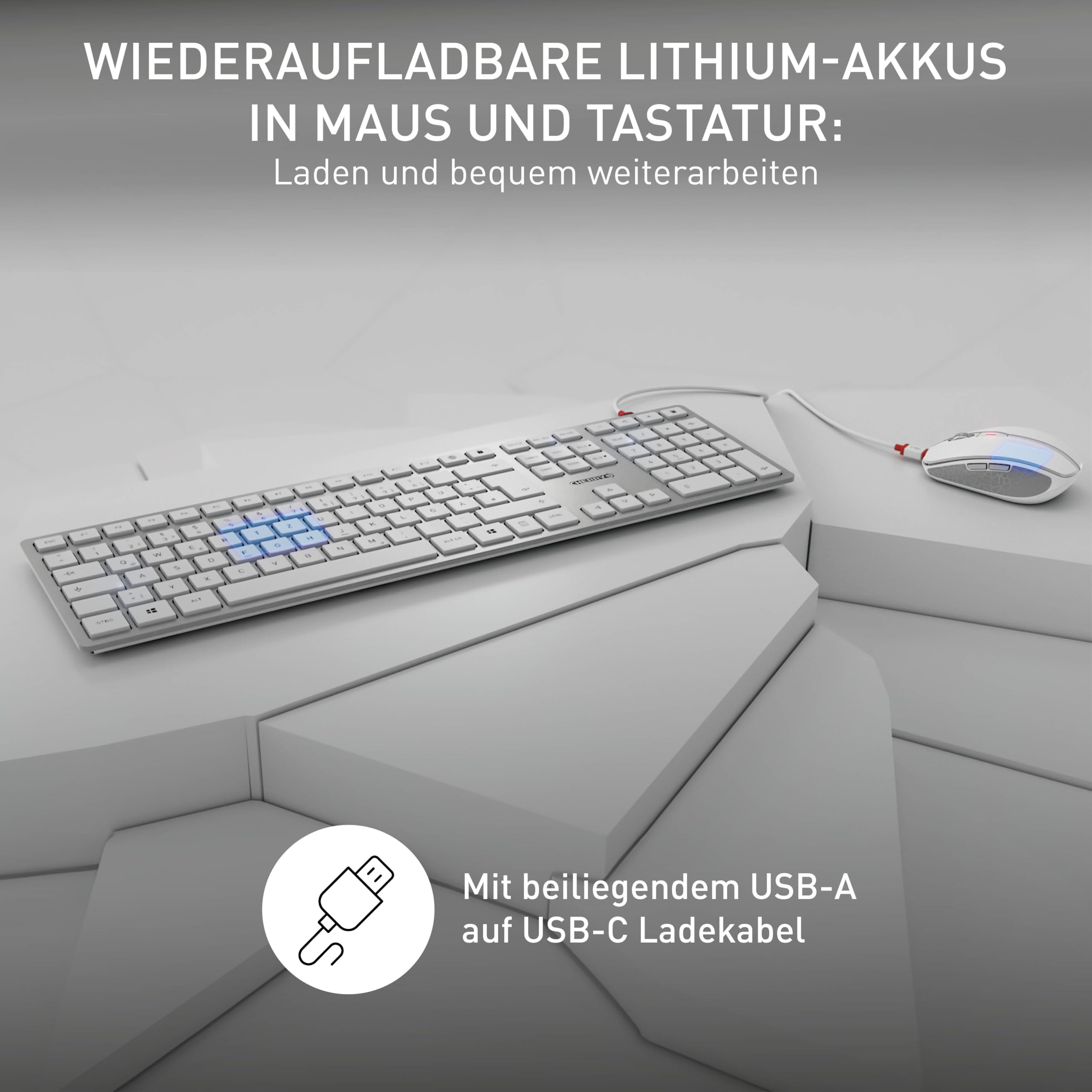 CHERRY DW 9100 Slim, Kabelloses Tastatur- und Maus-Set, Deutsches Layout (QWERTZ), Bluetooth & 2,4 GHz Funk, Leise Tasten, Wiederaufladbar, Weiß-Silber
