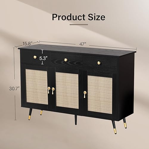 Miniatura 2 de 4ever2buy Gabinete de buffet negro con almacenamiento, armario de ratán con 3 cajones y 3 puertas de ratán, gabinete de buffet de ratán con patas