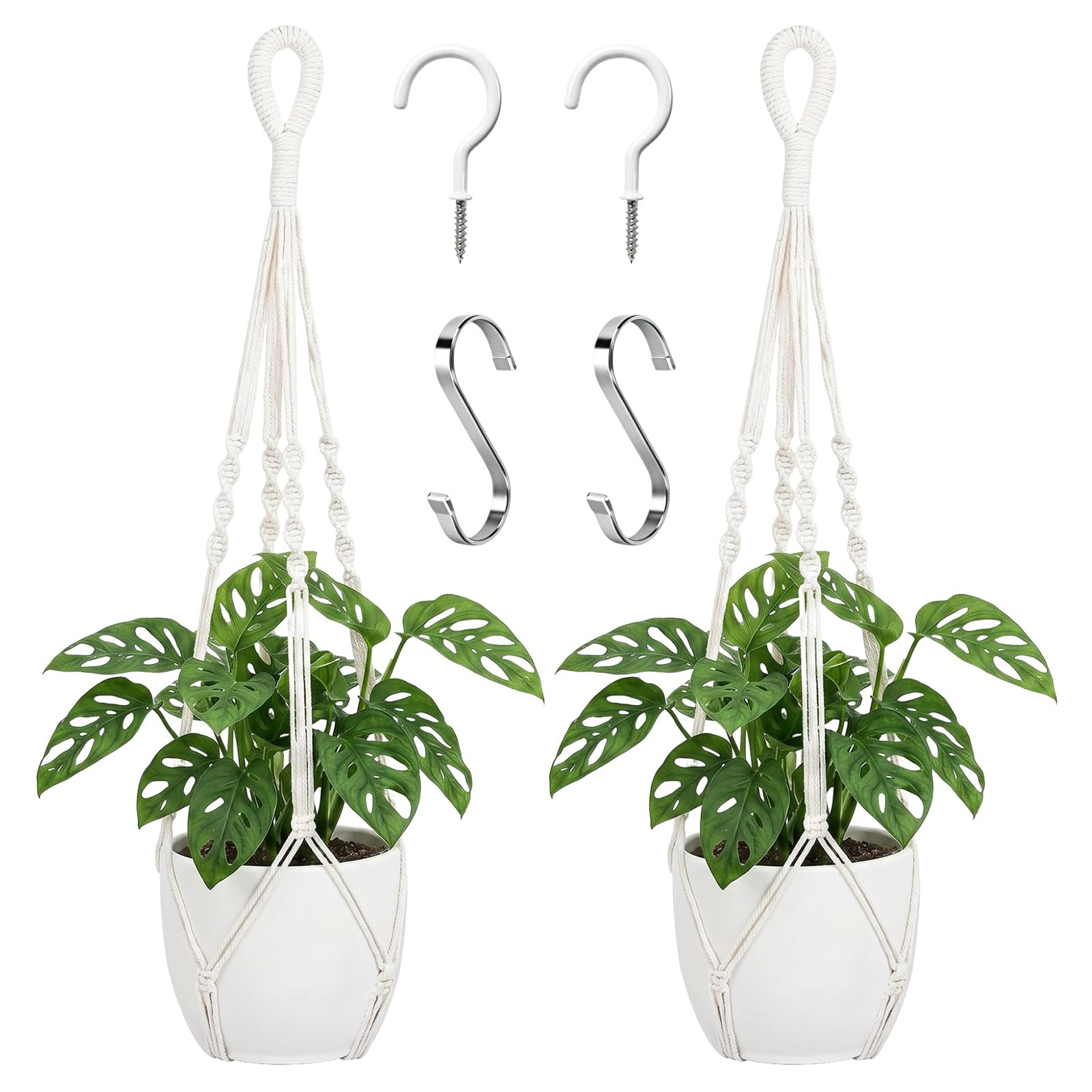 Gdrghe 2 Pack Macrame Plant Hanger Handmade, 24'' Boho Hanging Planters for Indoor Outdoor, Braided Cotton Rope Flower Pot Holder Without Pot for Home Decor (Ivory)
