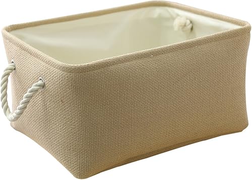 TheWarmHome - Canasta rectangular y decorativa de tela con asas, de tamaño pequeño, para organizar y guardar la ropa (beige, 11.8 pulgadas de largo
