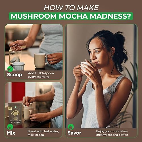 Miniatura 5 de Mezcla de café de hongos adaptogénicos 7 en 1  2800 mg de melena de león, cordyceps, chaga, cola de pavo y más  alternativa de café baja en cafeína,