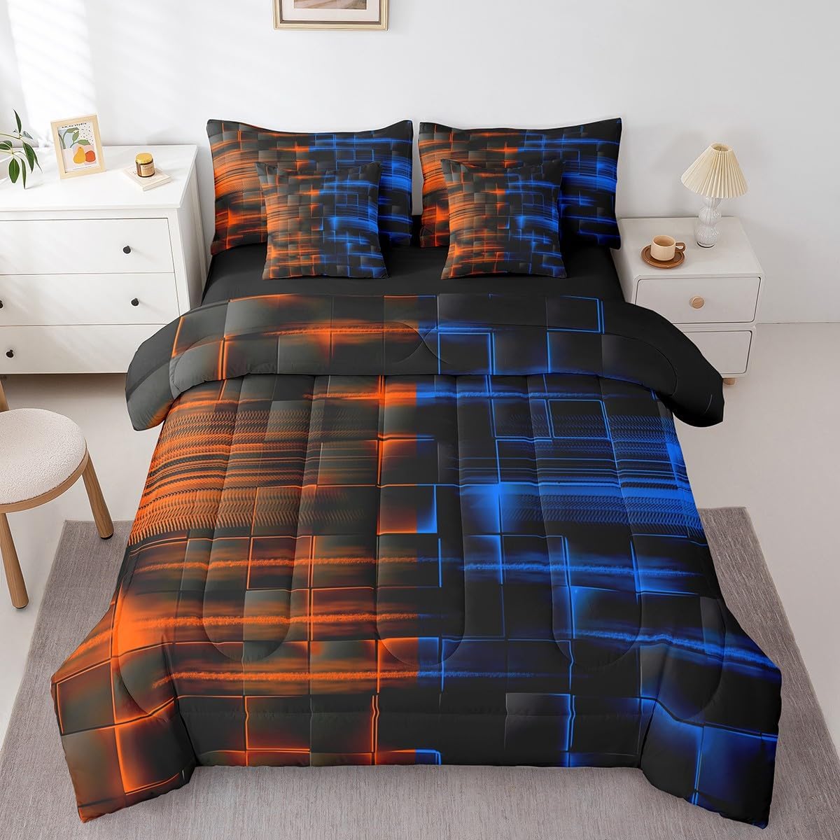 Feelyou Blue and Orange Comforter Set with Sheets 7 Piece Full Size Kids Geometric Bed in a Bag Strip Lines Bedding Set Abstract Art Bed Set with Comforter, Sheets,Pillowcases,Cushion Covers