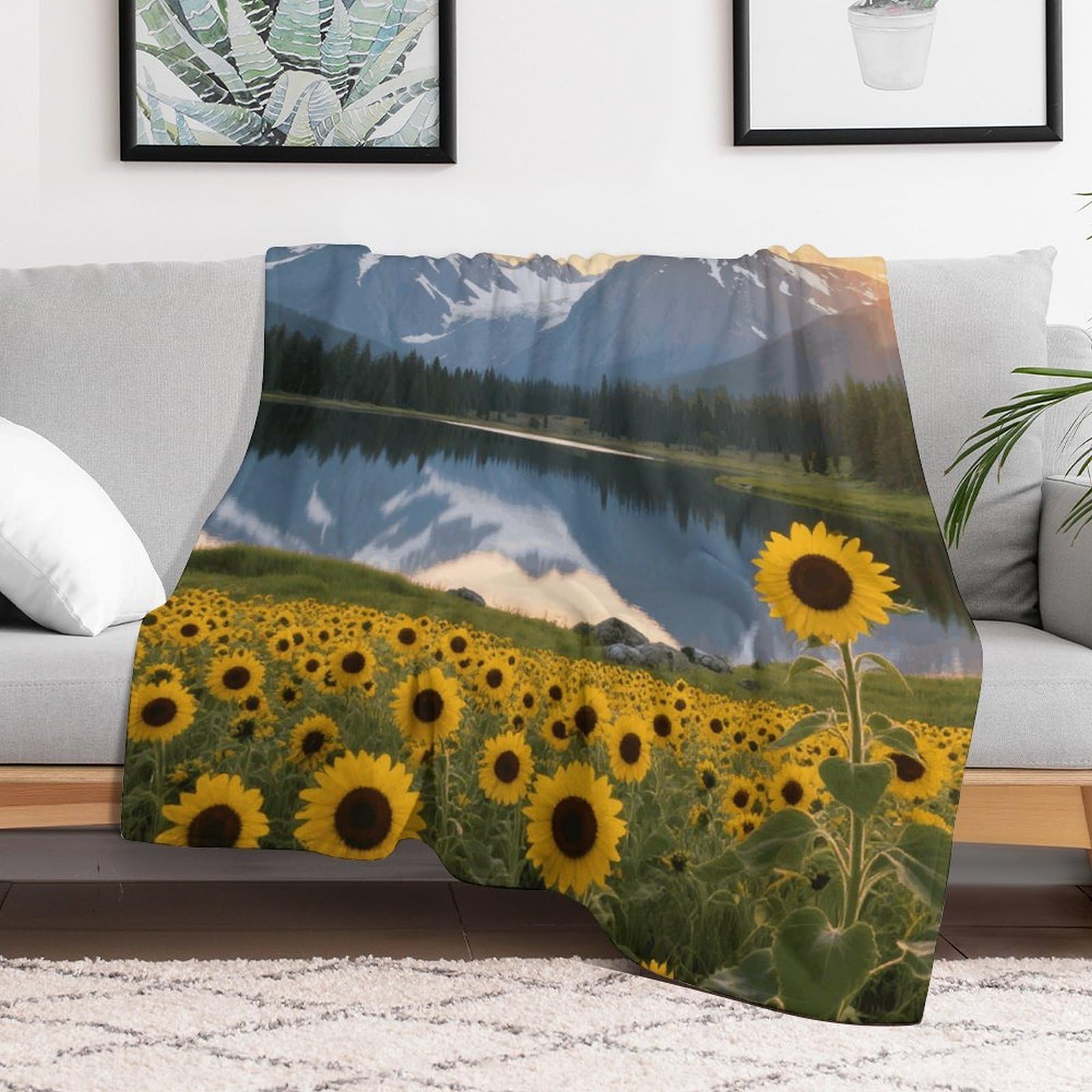 Custom Park Sunflower Landscape Blanket Lightweight Flannel Fleece Throw for Couch Sofa Bed Luxury Soft Cozy Plush Lap Bedtime Blanket for All Seasons Bedroom Home Decor Gifts 50x60