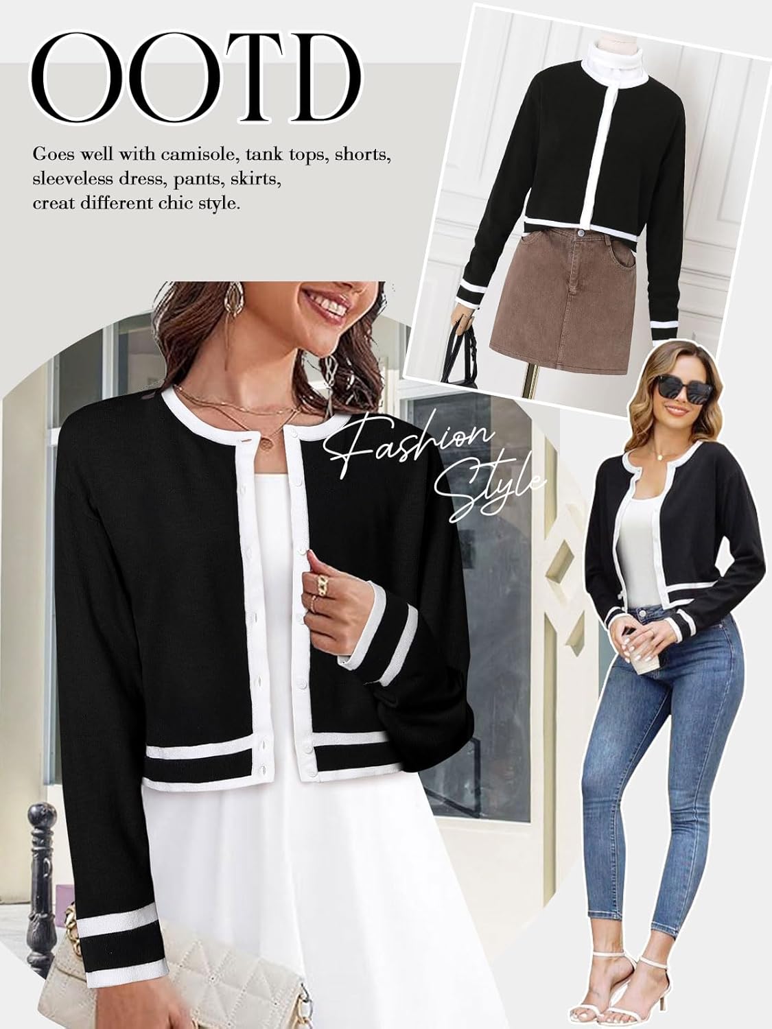 ZANZEA Cropped Cardigan Sweaters for Women Color Block Lightweight Bolero Shrug Button Down Long Sleeve Tops Fall Outfits - Image 6