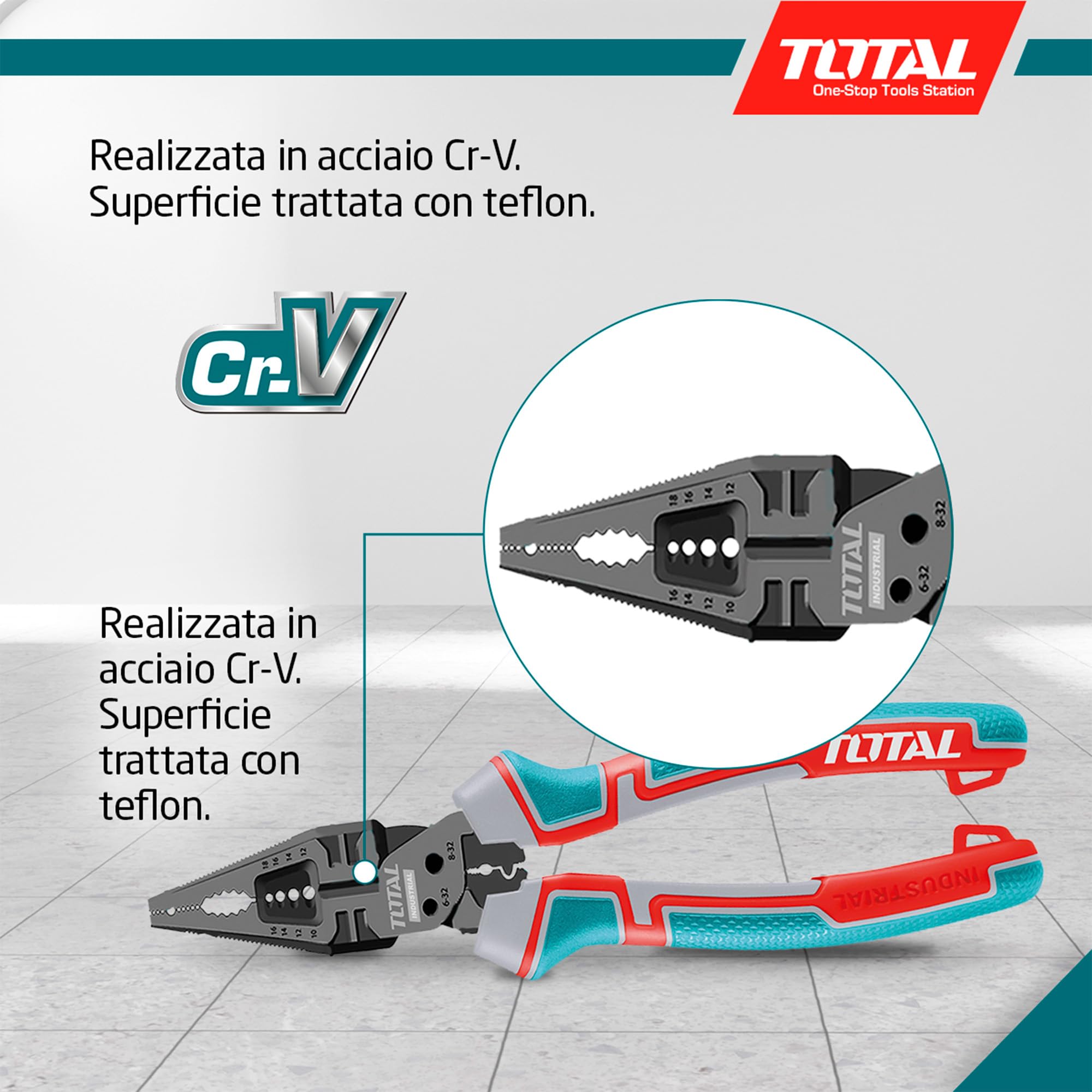 TOTAL - Pinza Multifunzionale 8 in 1 – 200 mm - Funzioni di Taglio, Sgrossatura, Fissaggio Chiodi - Acciaio Cr-V con Teflon - Manico Ergonomico Trimateriale - Forza Rinforzata