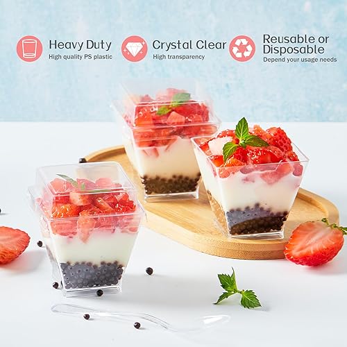 Miniatura 6 de Qeirudu Mini tazas de postre de 2 onzas con tapas y cucharas, paquete de 100 tazas de plástico para aperitivos, tazas cuadradas pequeñas para servir