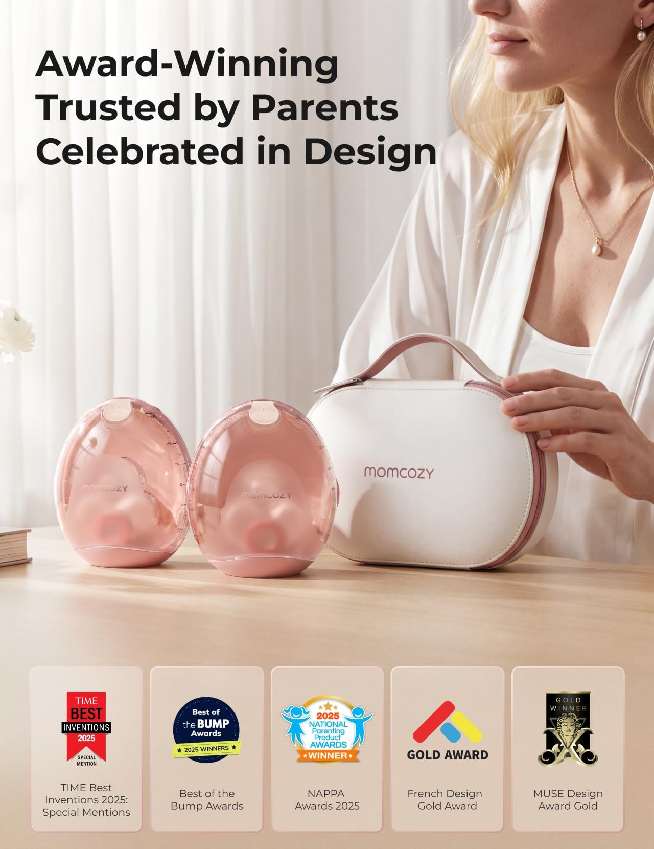 Momcozy Air 1 Sacaleches Ultra Fino, 180 ml Extractor De Leche Materna Manos Libres Con Estuche De Carga Inalámbrica, Control Por App, Modo Automático, Alerta De Depósito Lleno