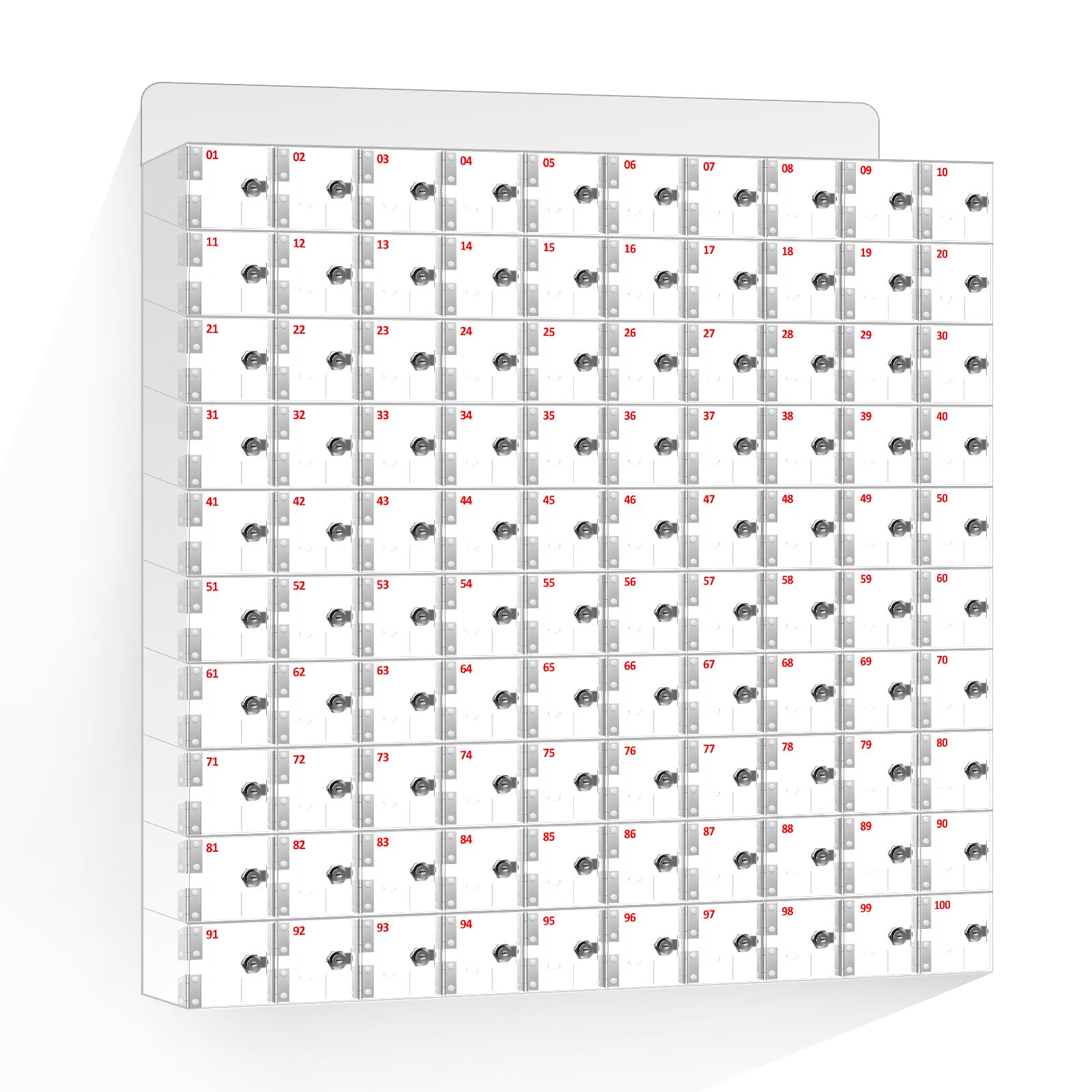 DEFNES Cell Phone Locker Box, Clear Cell Phone Storage, Acrylic Cell Phone Lock Box with Door Locks and Keys, Wall Mounted Cell Phones Storage Cabinet for Office School Classroom Factory (100 Doors)