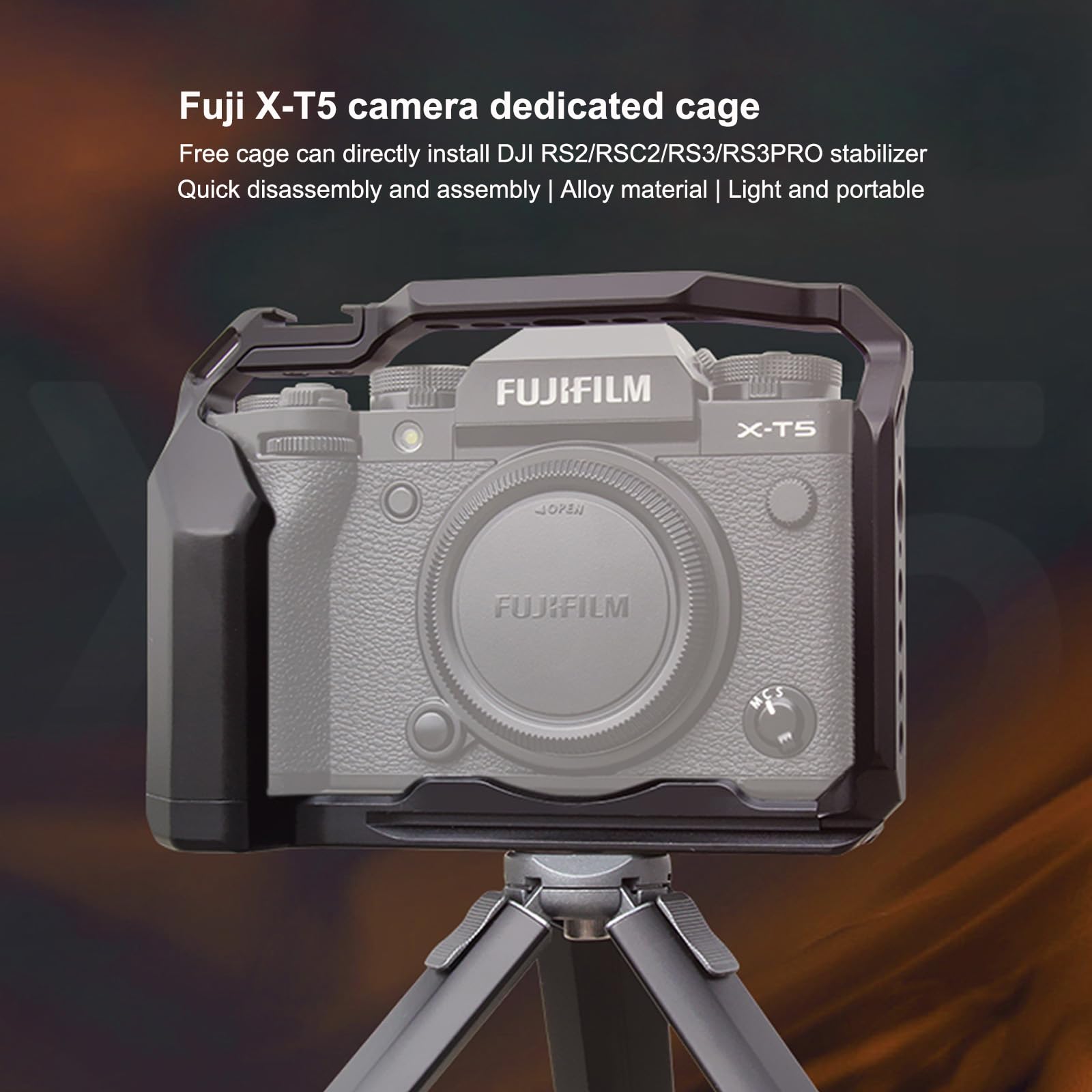 Profesjonalna klatka na aparat kompatybilna z Fujifilm X-T5 - aluminiowa platforma CNC z szyną NATO i gwintami 9X 1/10.2 cm | Vintage Design i pełny dostęp do portów (YH-XT5)