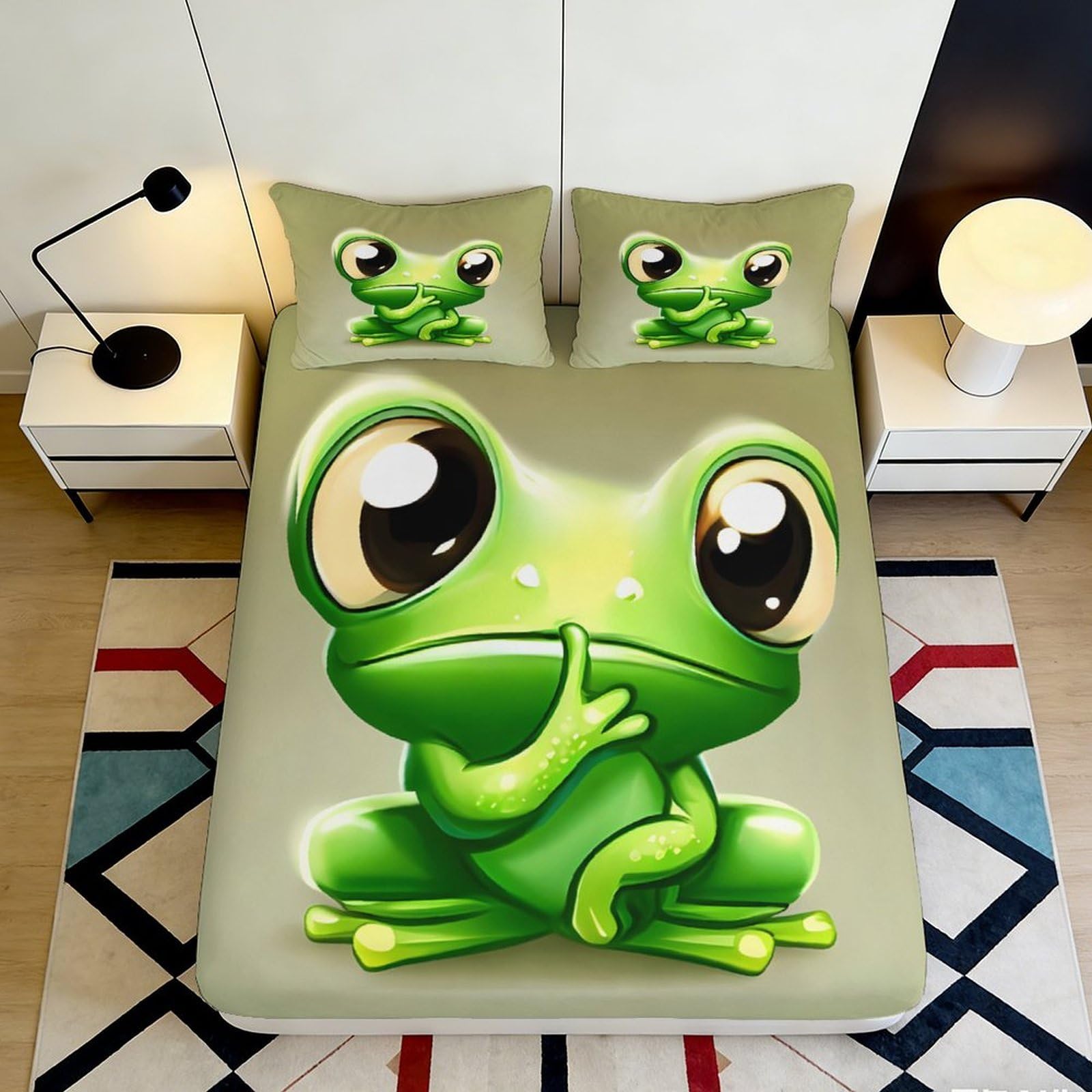 3D Printed frog design Fitted Sheet with big eyes, Microfiber soft touch, wrinkle resistant, apartment bedding for home bedroom decor, easy care, anti-slip, dustproof 200x200x25cm