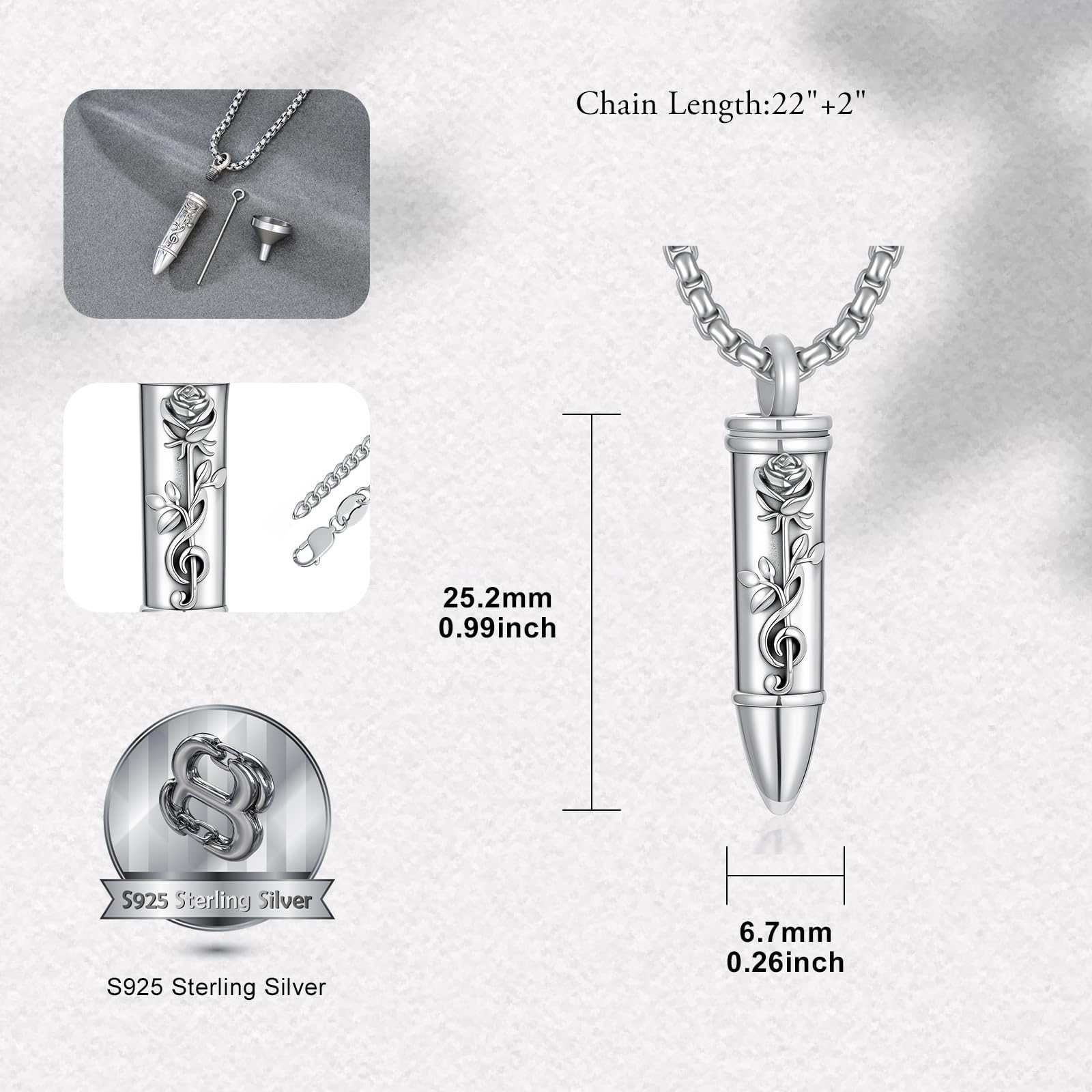 ROMANTICWORK Collana con urna a forma di proiettile, in argento Sterling 925, con ciondolo a forma di aquila, lupo, musica, scorpione, per anniversari, compleanni, regali di Natale, uomini e donne