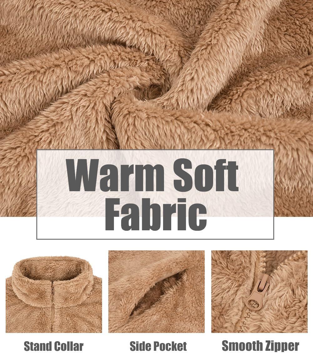 CARCOS Plus Size Fuzzy Jacket for Women Full Zip Up Fleece Coat Long Sleeve Fall Winter Sherpa Outerwear with Pockets - Image 6