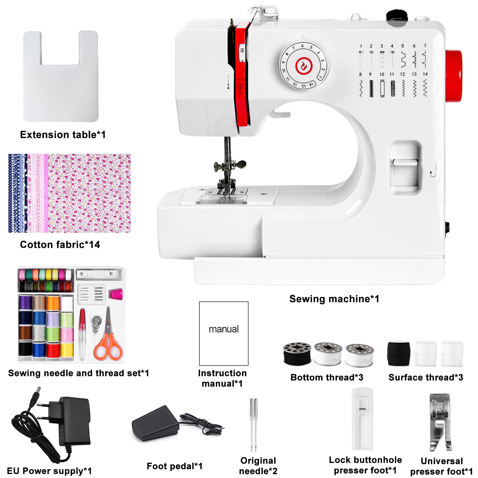 Máquina de coser para principiantes, 14 puntadas, máquina de coser con mesa deslizante, tela de algodón y juego de costura