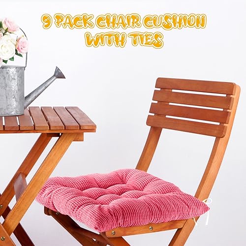 Miniatura 4 de Paquete de 9 cojines para silla con lazos de 15.7 pulgadas de grosor, almohadillas cuadradas para sillas de cocina, para interiores y exteriores,