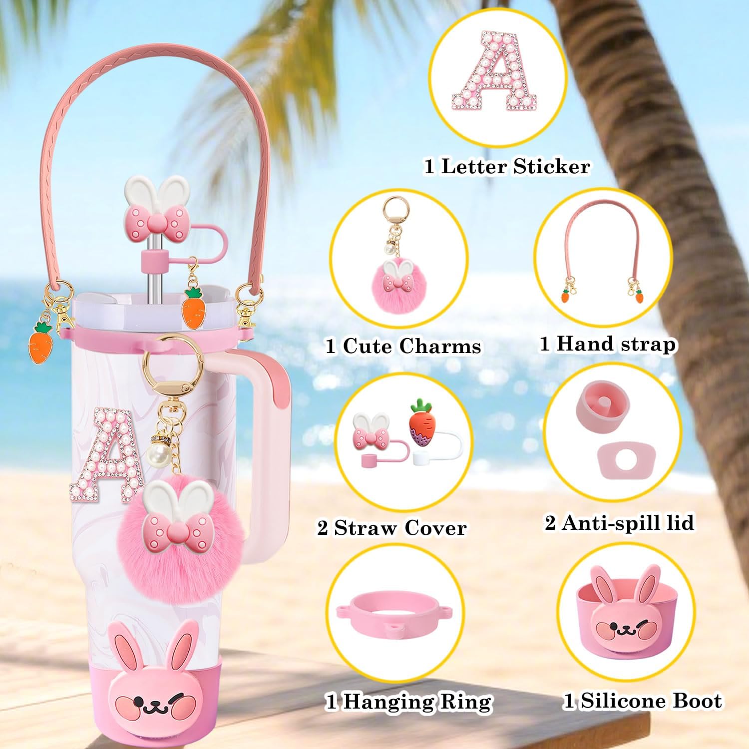 9PCS Rabbit Accessories Set for Stanley Cup, Including Rabbit Straw Toppers, Silicone Boot, Pom Pom Keychain, Handle Strap, Diamond Letter Stickers, for 30oz 40oz Tumblers image 4