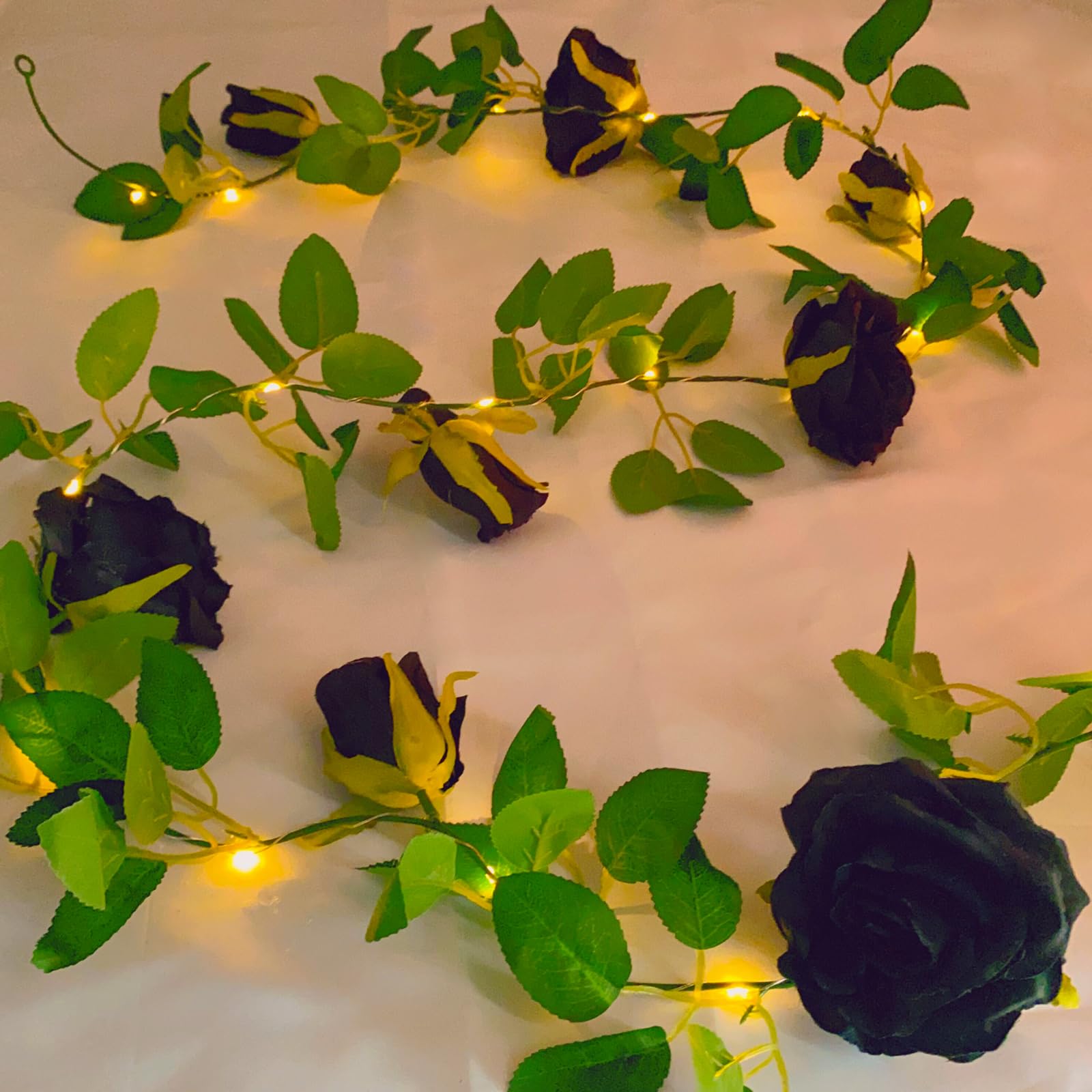 Fielegen 6.56 FT Halloween Artificial Black Rose Vine Lights Fake Floral Garland Wall Decoration Faux Plants Rose Vine with 20 LED Fairy Lights Battery Operated String Lights for Garden Wedding Decor