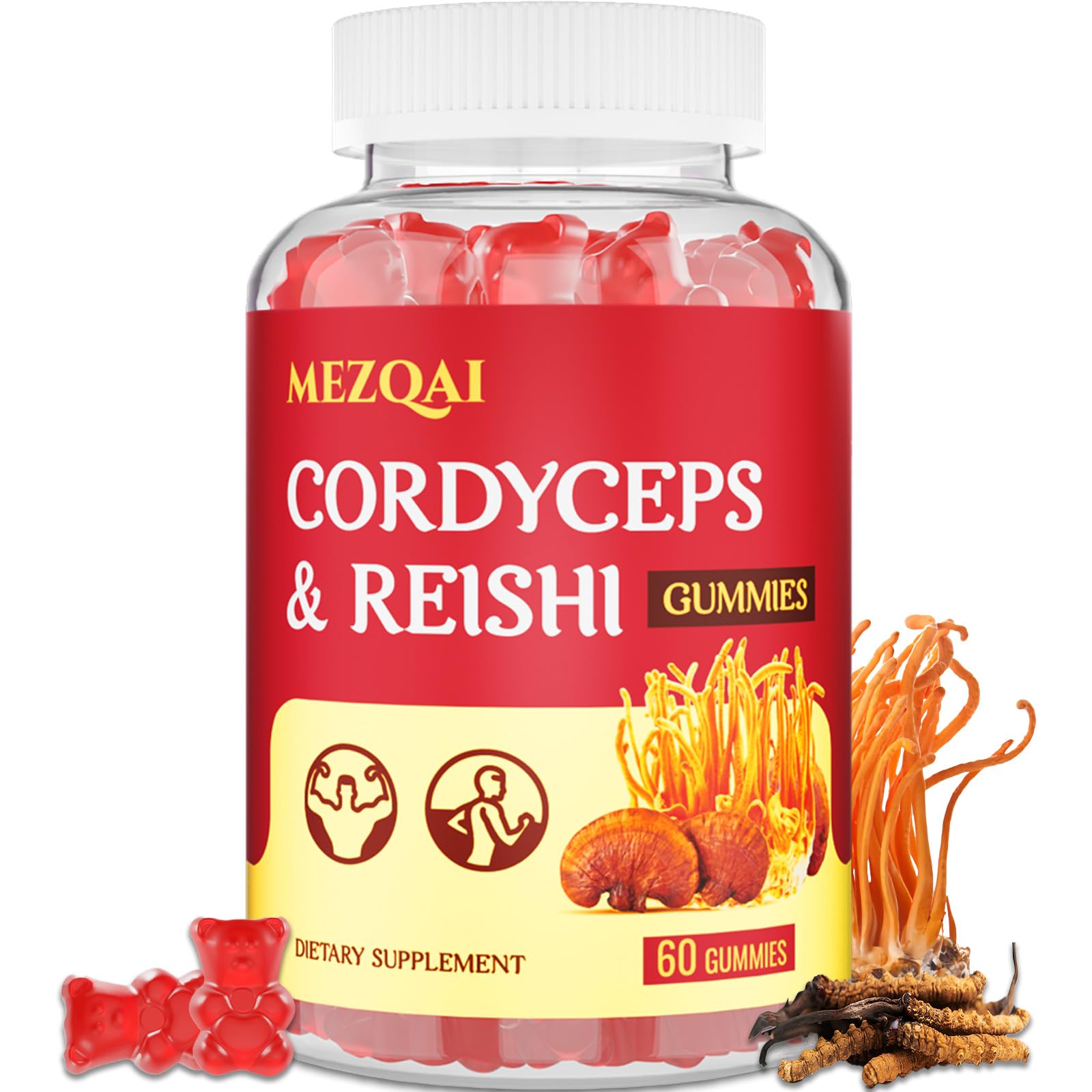 Mushroom Gummies for Adults, Cordyceps Reishi Mushroom Energy Supplements, Cortisol Supplements for Women & Men, Brain Supplements for Memory and Focus, Rest, Athletic Performance* - 60 Gummies
