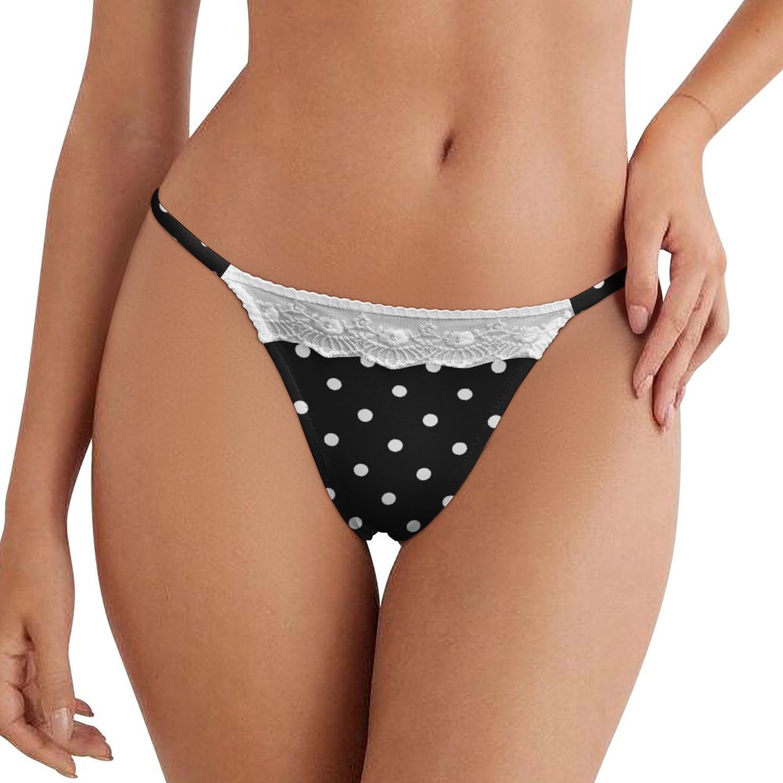 Peiyeety Women's As Pic Polka Dot Black White Simple Pattern Thongs Sexy Lace Panties Breathable Comfortable Bikini Panties