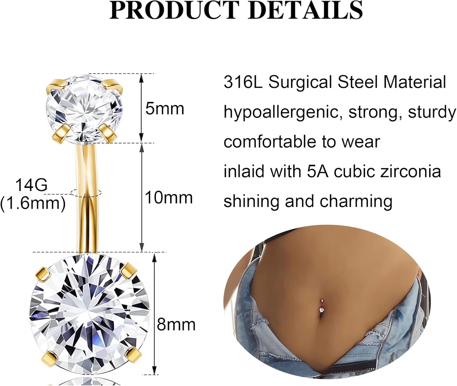 7 Pcs Gold Belly Button Ring Dangle for Women Hypoallergenic Surgical Stainless Steel Dangling Belly Rings Butterfly Heart CZ Cute Long Belly Button Piercing Dangly Navel Piercings Pack Belly Piercing Jewelry - Image 2