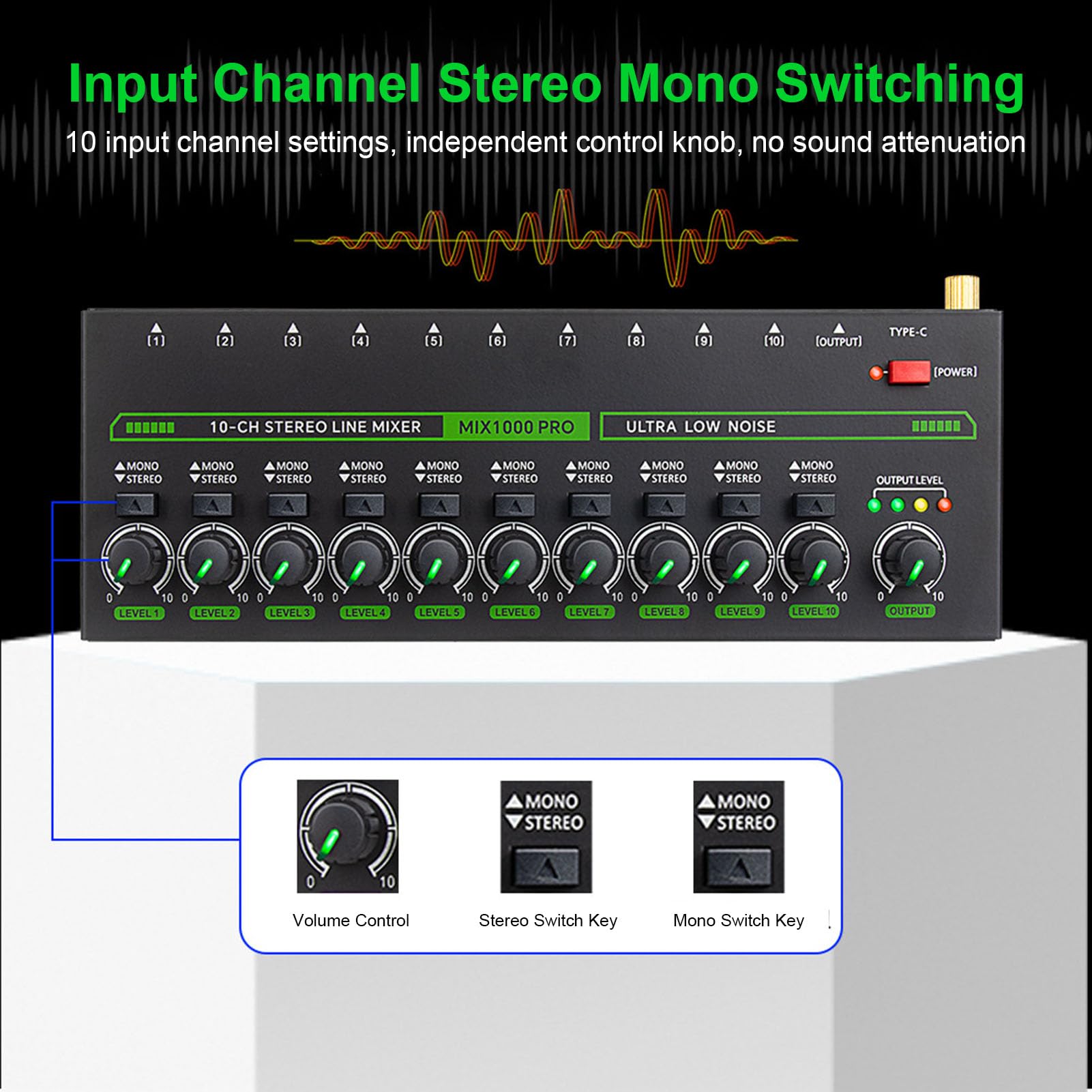 Fafeicy 10-Kanal Audio Mixer Stereo/Mono Line Mixer für Gitarre Bass Keyboard Studio Bühne Aufnahme DC 5V