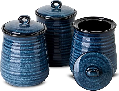 Tikooere Tarros de cerámica para almacenamiento de alimentos, recipientes de cocina de porcelana de 25 onzas con tapas herméticas, juego de 3,
