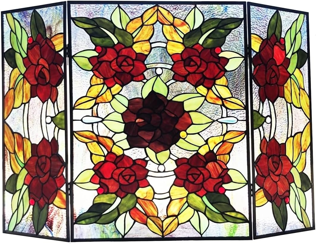 Vintage Fireplace Screen Folding Floral Stained Glass Panel Screen 40 Inch