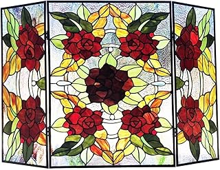 Vintage Fireplace Screen Folding Floral Stained Glass Panel Screen 40 Inch