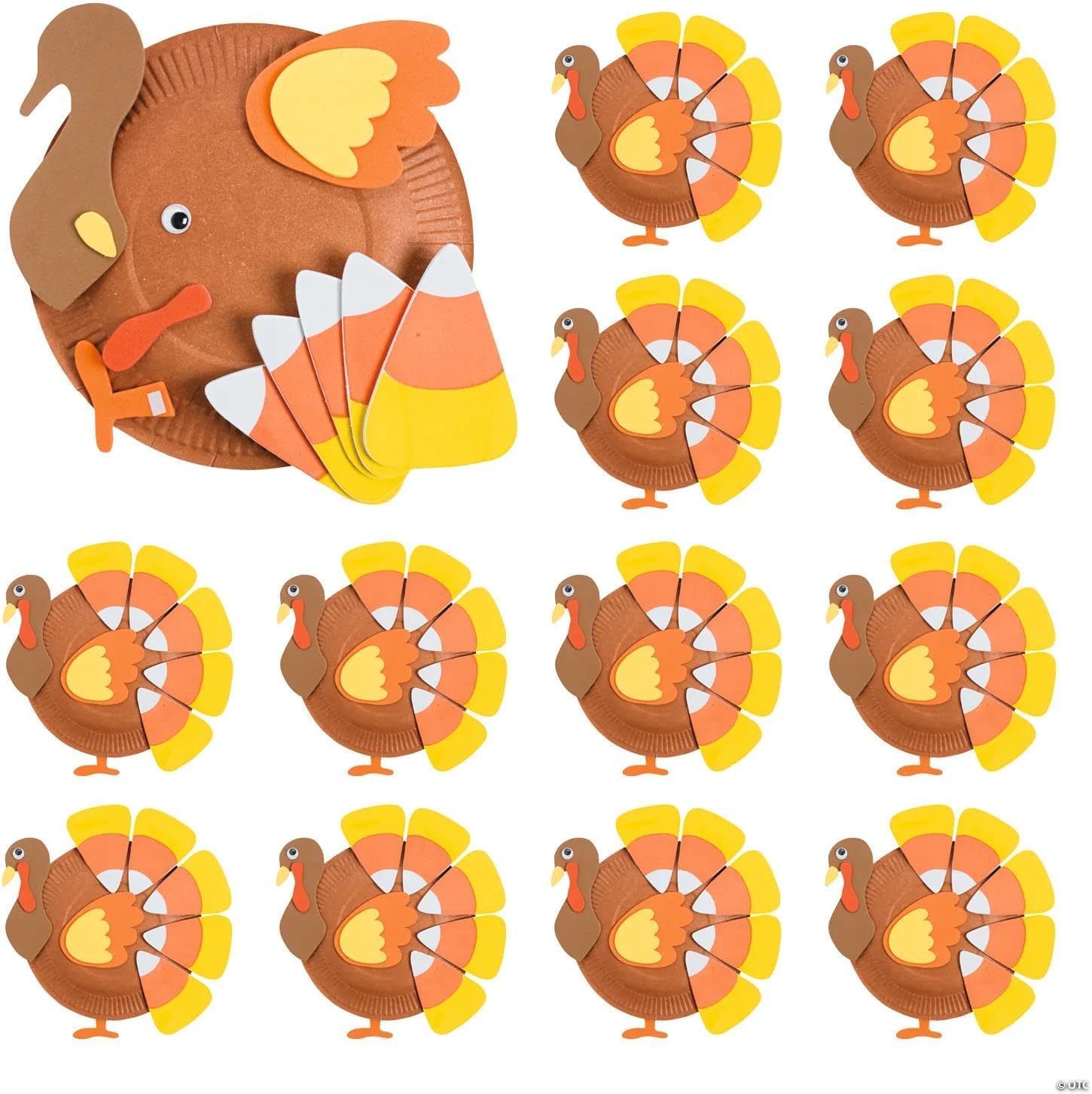 Fun Express Paper Plate Turkey Craft Kit - Makes 12 Thanksgiving Crafts for Kids Ages 3+ | Fall Arts & Crafts Activities with Self-Adhesive Foam Pieces & Wiggle Eyes | Preschool Holiday Party Favors