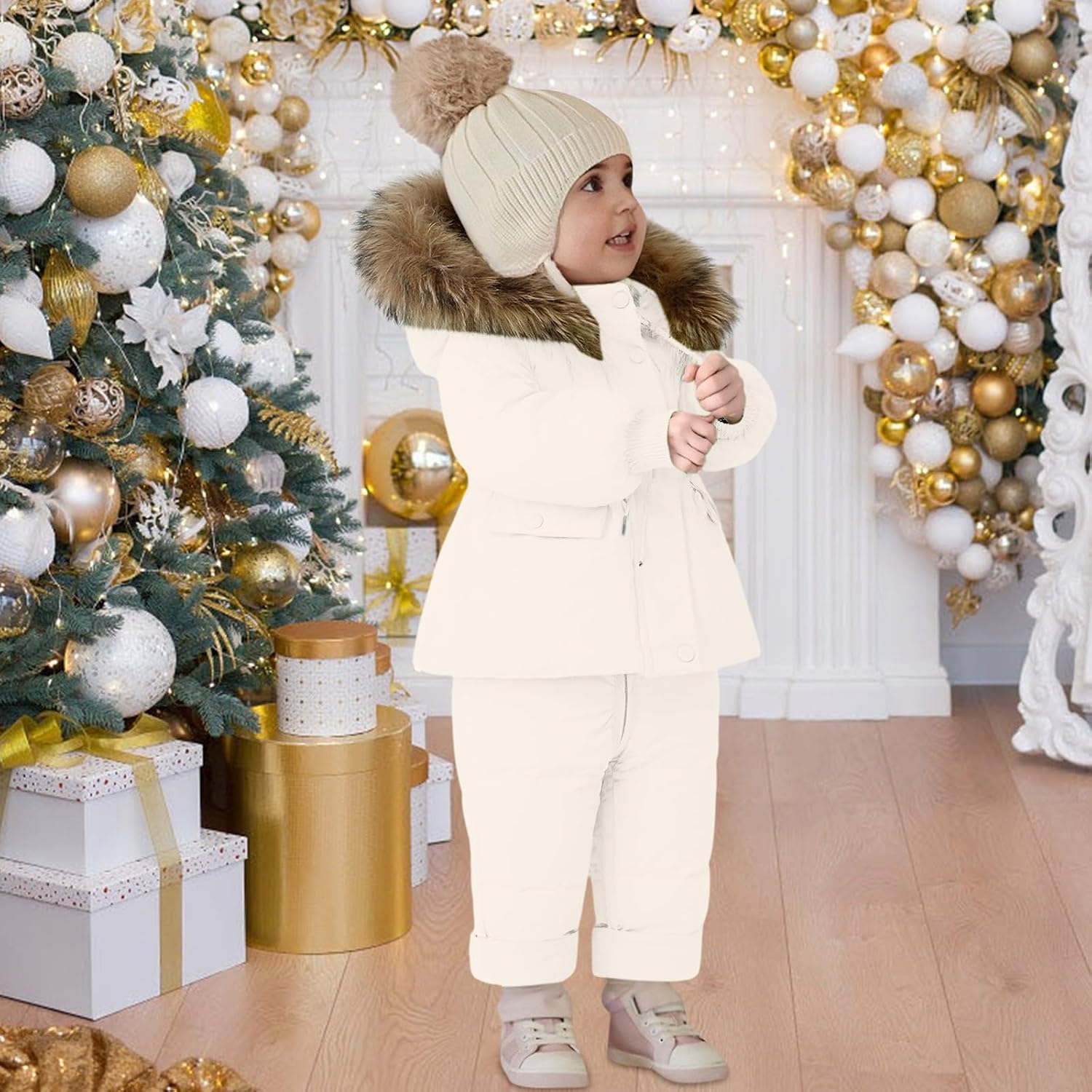 Toddler Girls Snow Suit Baby 2-Piece Waterproof Snowboard Down Jacket Bib Pants Set Thick Winter Insulated Snowsuit