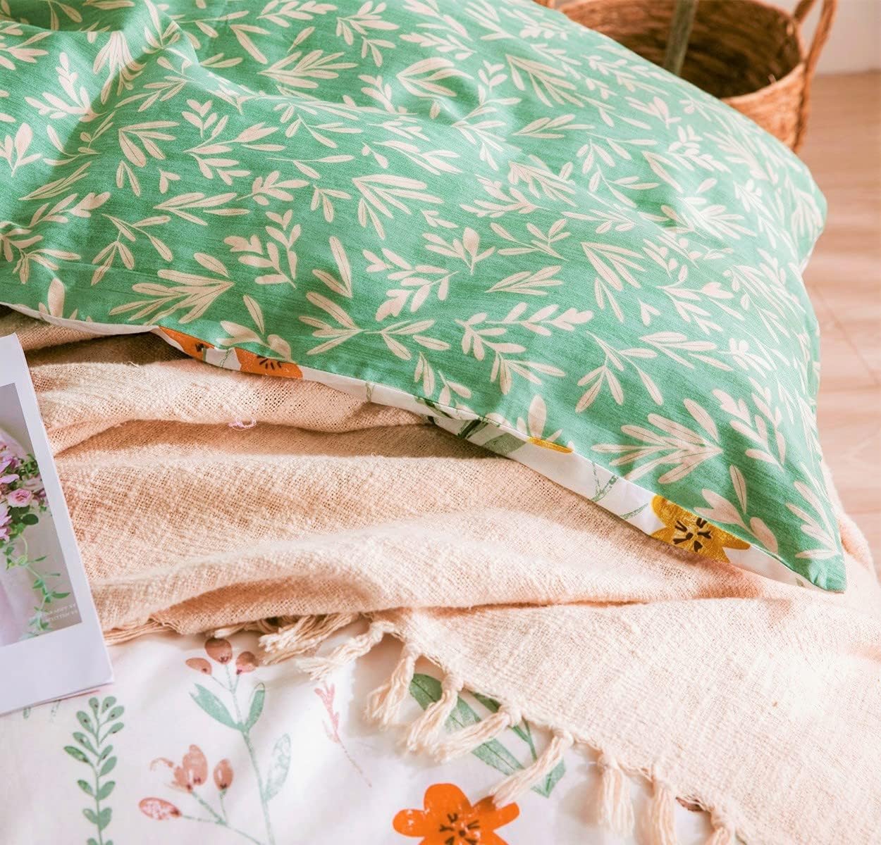 SLEEPBELLA King Size Comforter Set Yellow Flowers & Green Botanical Pattern Printed on White 100% Cotton Fabric, Ultra Soft Microfiber Inner Fill 3Pcs Bedding Set
