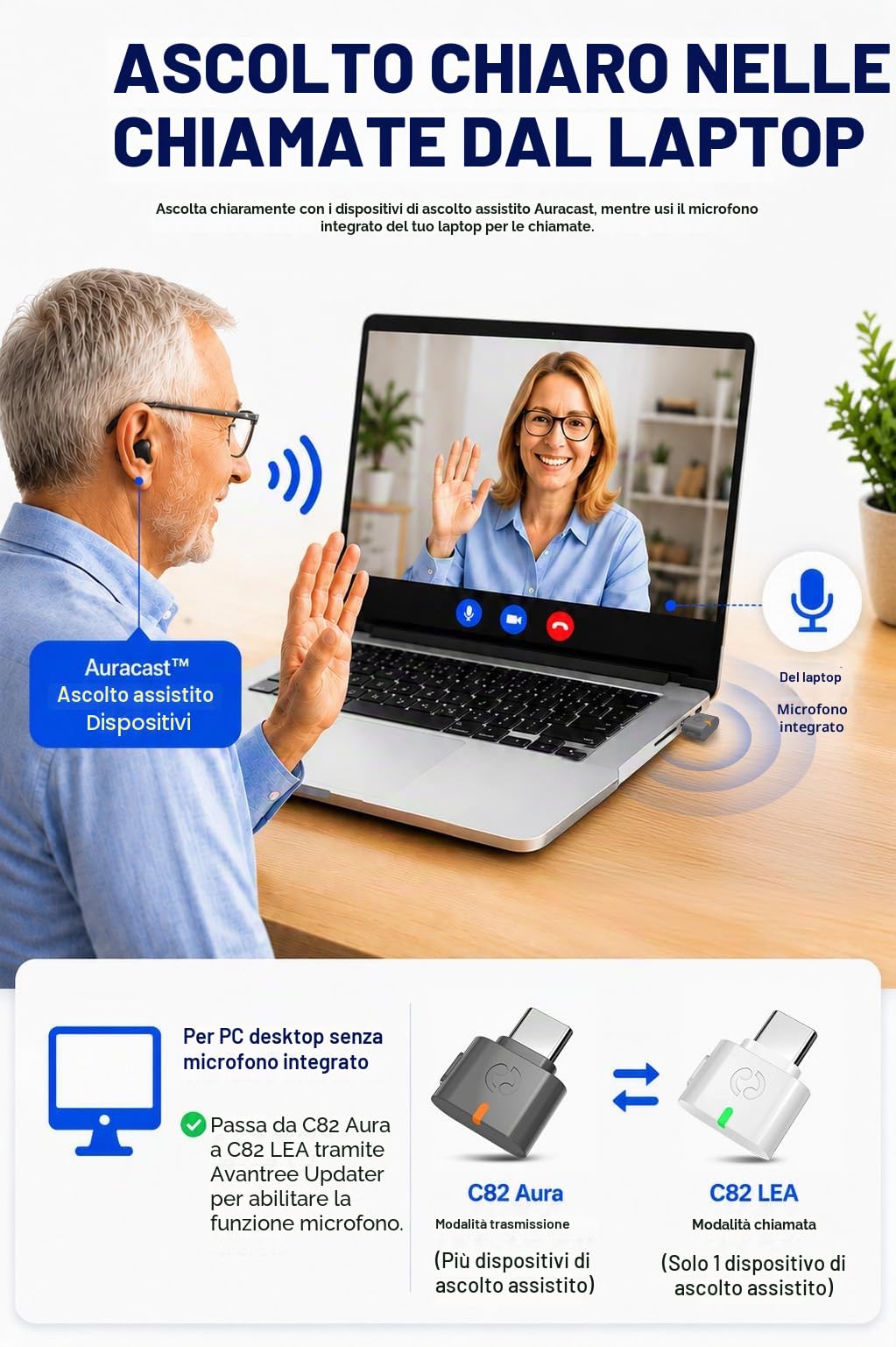 Avantree C82 Aura – Trasmettitore Audio Auracast con Modalità Privata e Pubblica, Trasmette a Più Dispositivi Auracast, Bluetooth 5.4 Qualcomm, Aggiornabile, Adattatore USB-C per PC, Mac e Telefoni