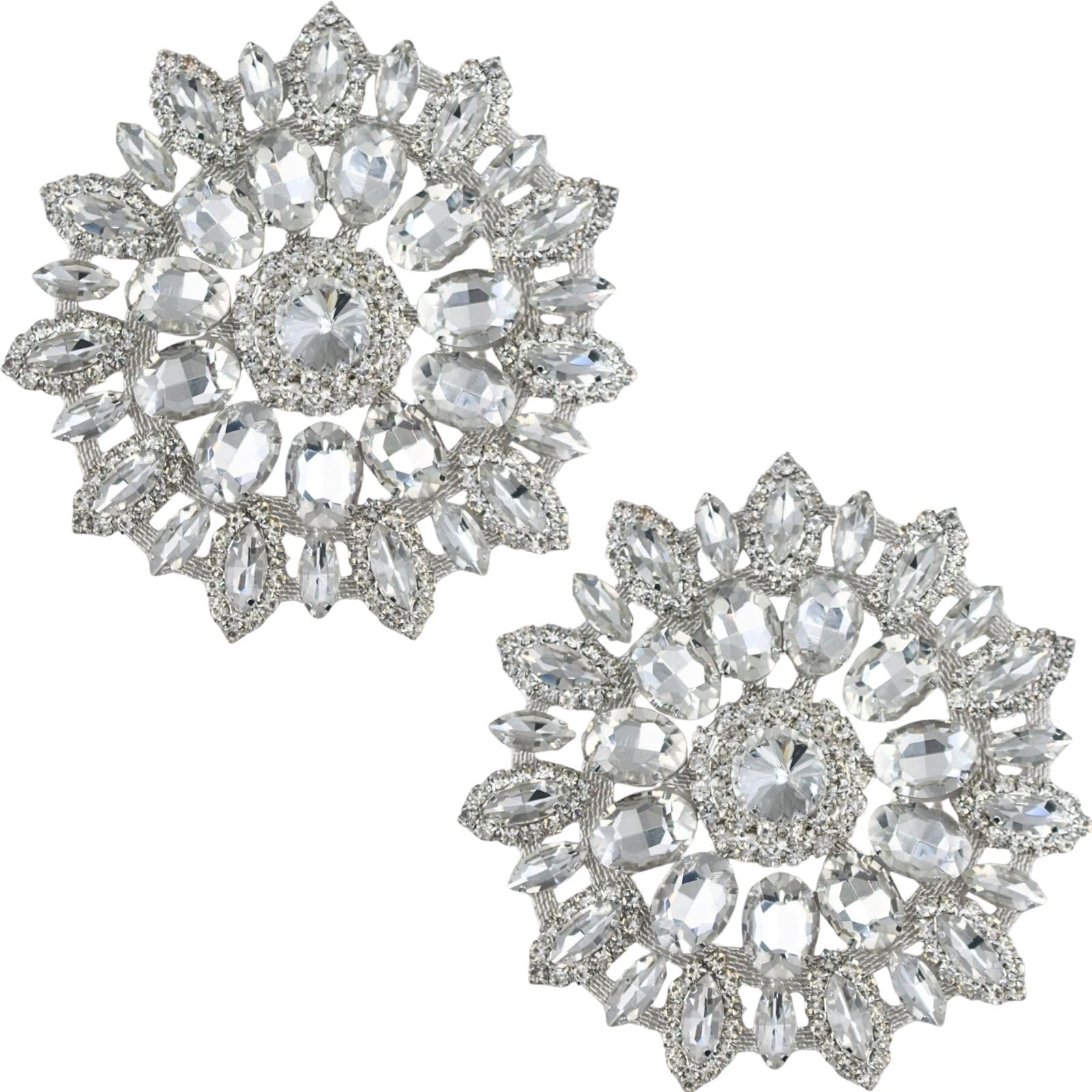 PEARLY JUN 2 Pcs Silver White Crystal Rhinestone Appliques Beaded Appliqué Applique Patches Clothes DIY for Evening Dresses Bridal Gowns Dance Costumes Embellishments
