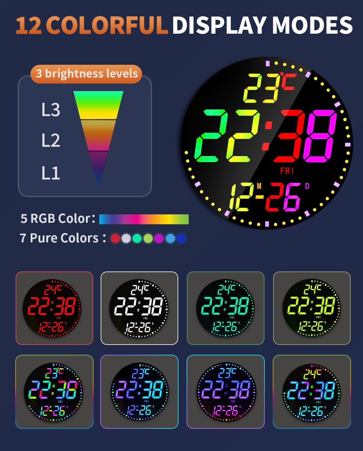 12" Large Digital Wall Mount Clock, Count Down Timer, Alarm, Big LED, 12 RGB Color, Temperature for Living Room Classroom Desk, Xmas, Birthday Gift for Senior Mom Dad (Round)