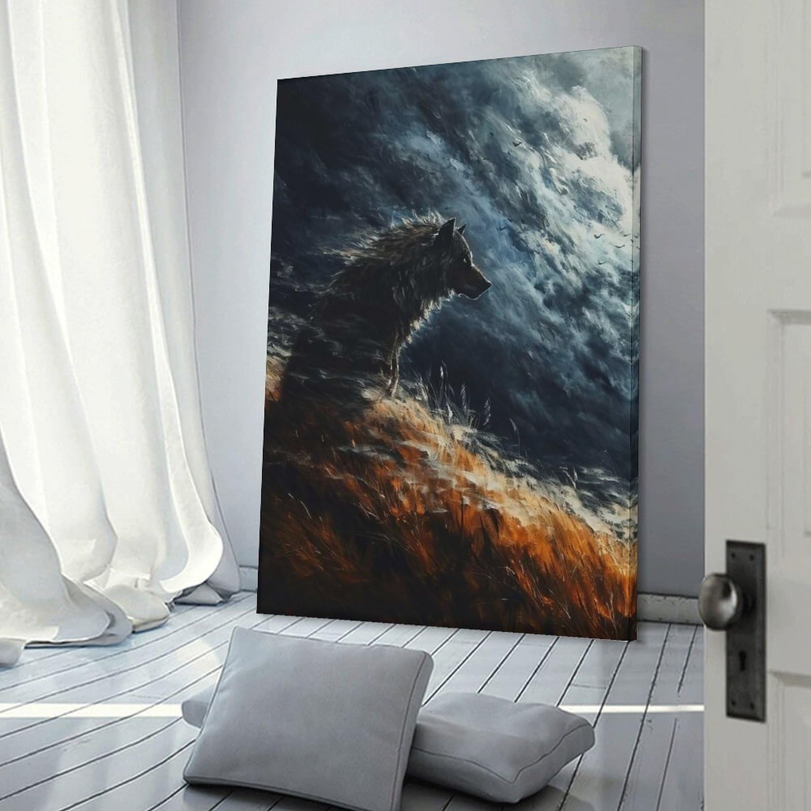 Junmoney Frame-Style-13 Decorative Wall Artwork Wolf In Stormy Sky, 24X36inch(60X90cm), For New Homes, Bedrooms Or Workspaces, Canvas Artwork With Gifting Potential