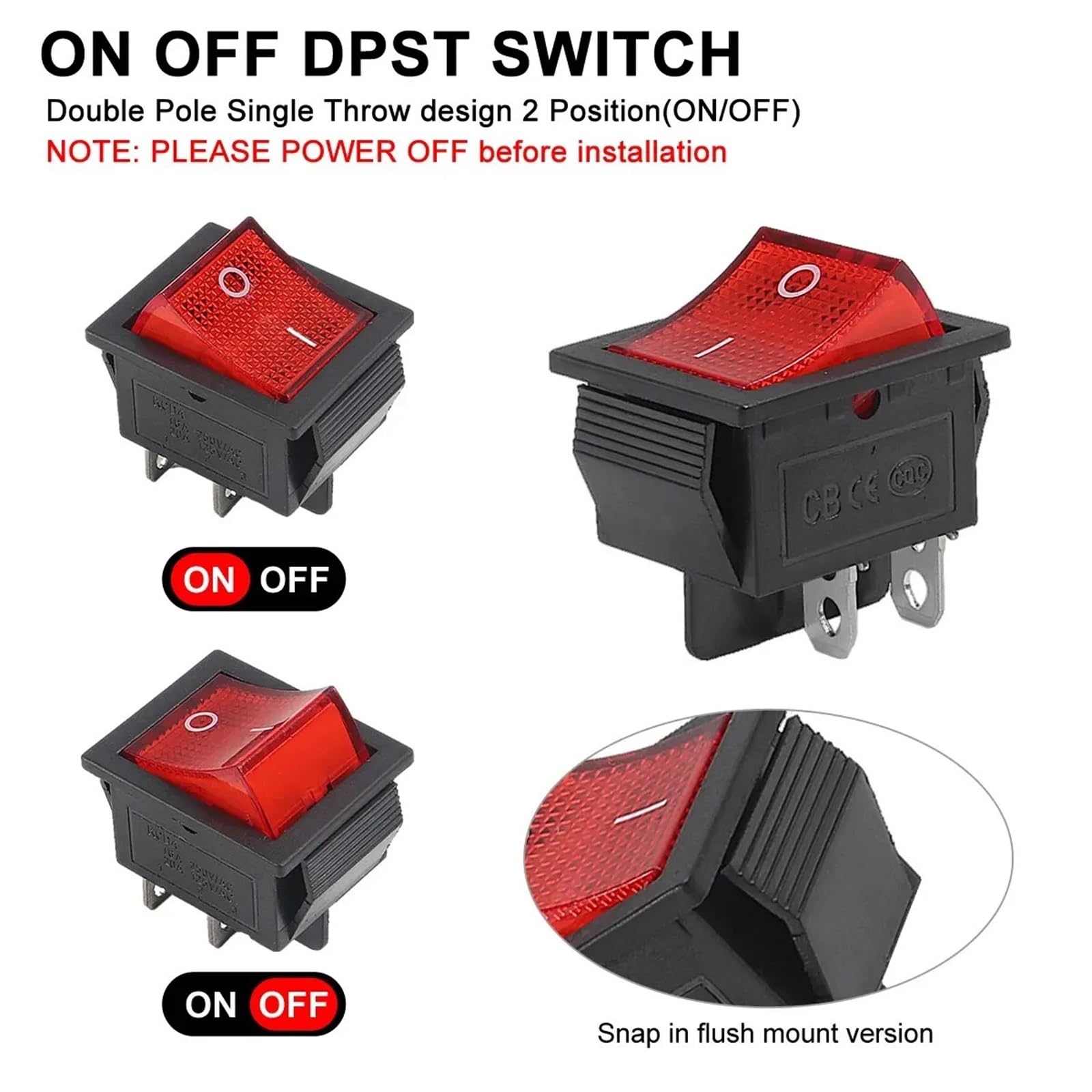 Interruttore a bilanciere DPST, 15/30 A, 250 V, KCD2, KCD4, 4 pin, illuminato di rosso, 120 V, 10/20 pezzi (nero, 20 pezzi)