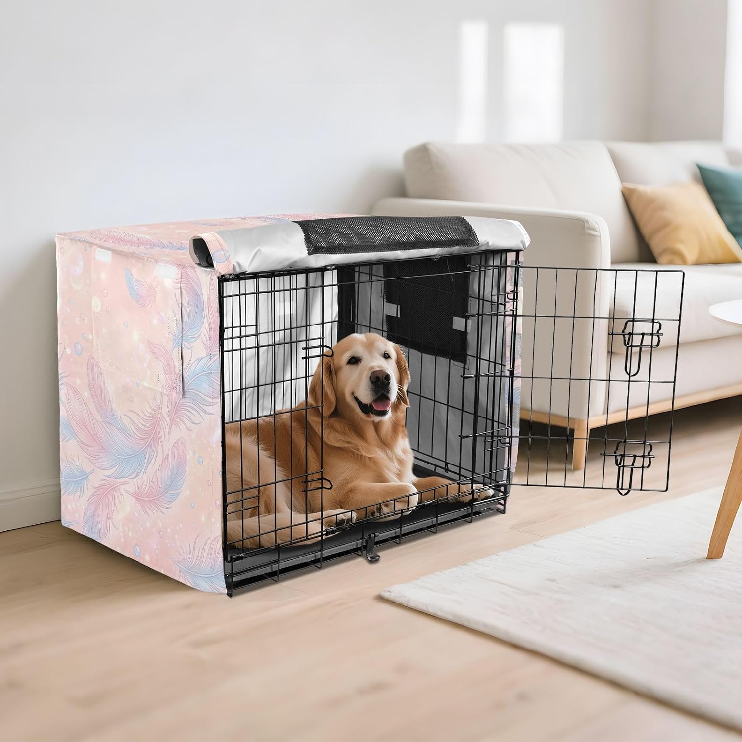 Duty 600D Silver Coated Dog Crate Cover, Water-Resistant Feather Pet Kennel Canopy with Mesh Windows for Optimal Ventilation, Universal Fit for Standard Wire Cage, Indoor & Travel