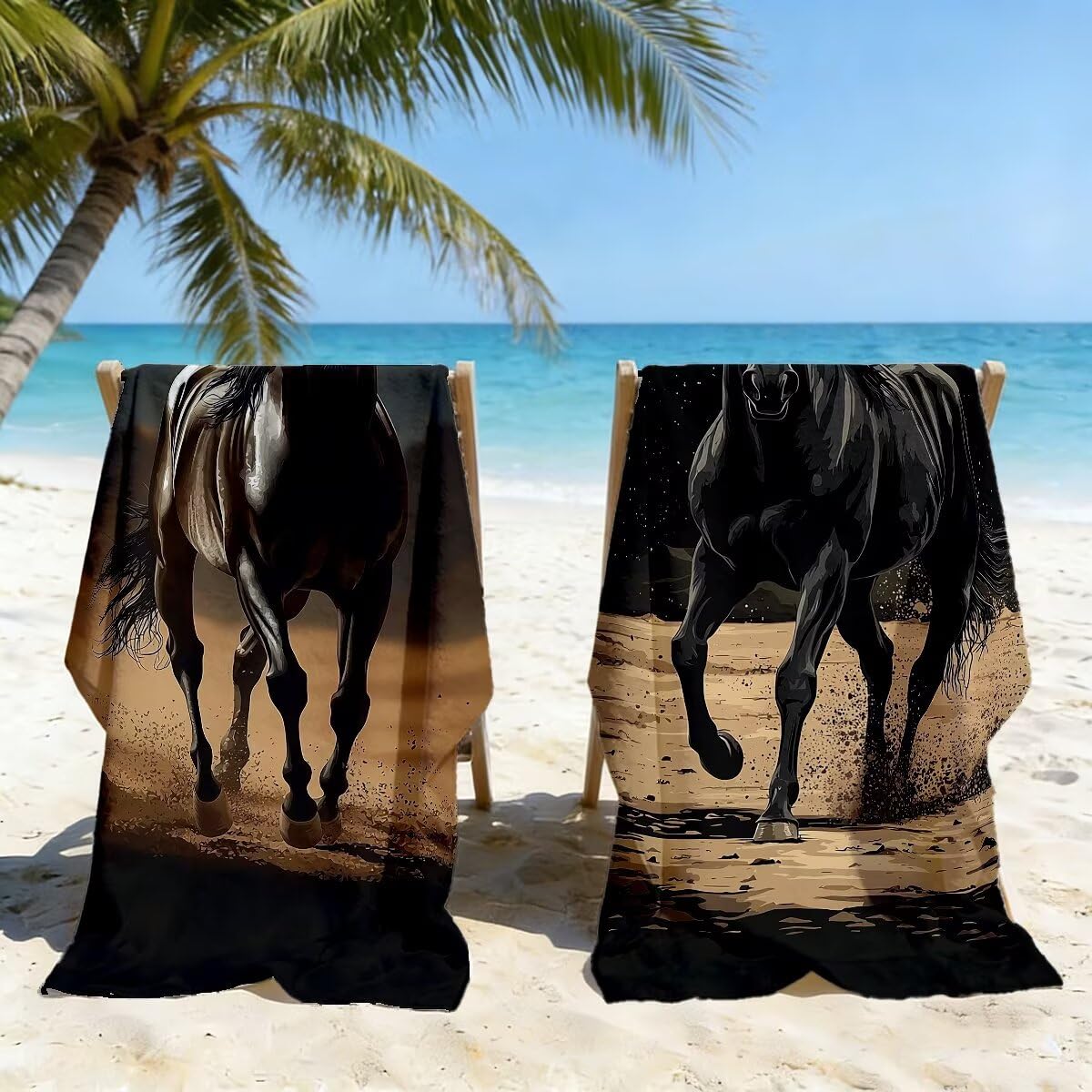 Ręcznik plażowy XXL, 100 x 200 cm, zestaw 2 szt., z mikrofibry, ręcznik plażowy z motywem konia, szybkoschnący, do sauny, fitness, bez piasku, ręcznik plażowy, do sauny, duży ręcznik kąpielowy