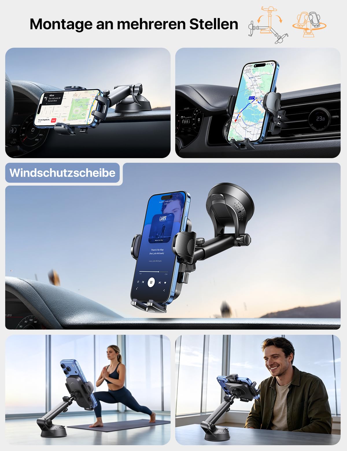 HTU【Militär-Klasse】Handyhalterung Auto, 4 in 1 Handyhalter mit【Stärkst Saugnapf & Clip】Tragfähigkeit 36kg, 360° Drehbar Kfz Autohalterung für iPhone Samsung Galaxy Google Pixel, Blass Schwarz