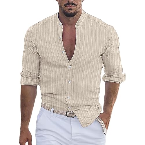 100 Percent Cotton Hemp Shirts for Men Short Sleeve Striped Button Down Athletic Shirt Summer Beach