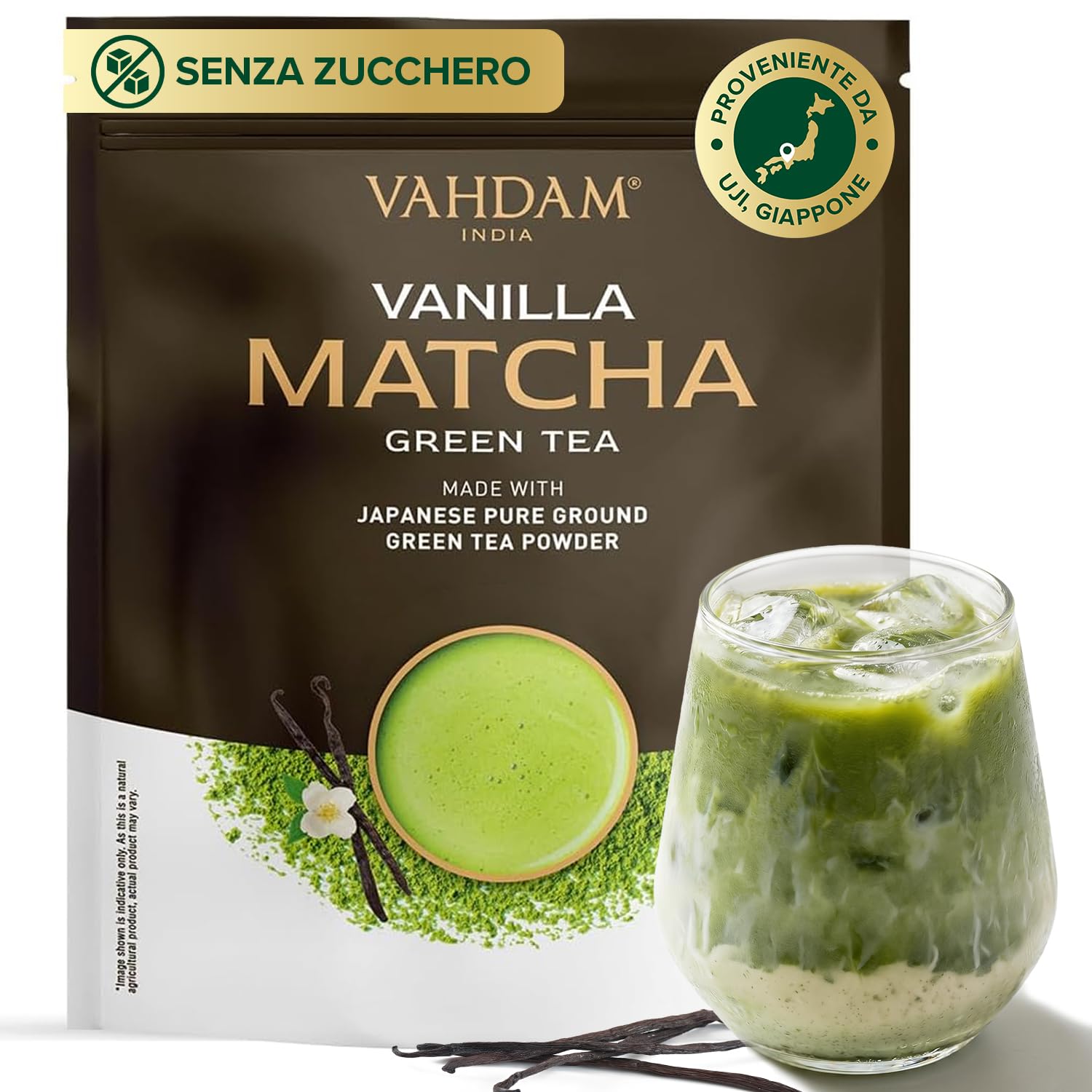 VAHDAM Polvere di Matcha alla Vaniglia 100g-50 Tazze | Matcha Uji & Vaniglia del Madagascar | 100% Naturale | Tè Verde Giapponese Premium | Per Latte & Tè