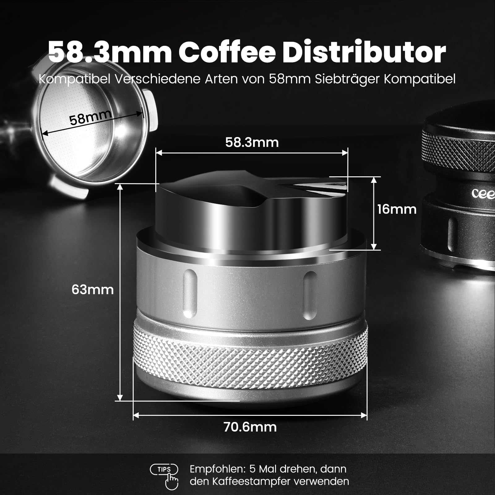 Distribuidor de café expreso de 58 mm, nivelador de gravedad para portafiltros de café de 58 mm, para barista, base de acero inoxidable 304, base de 4 cuchillas, color gris plateado