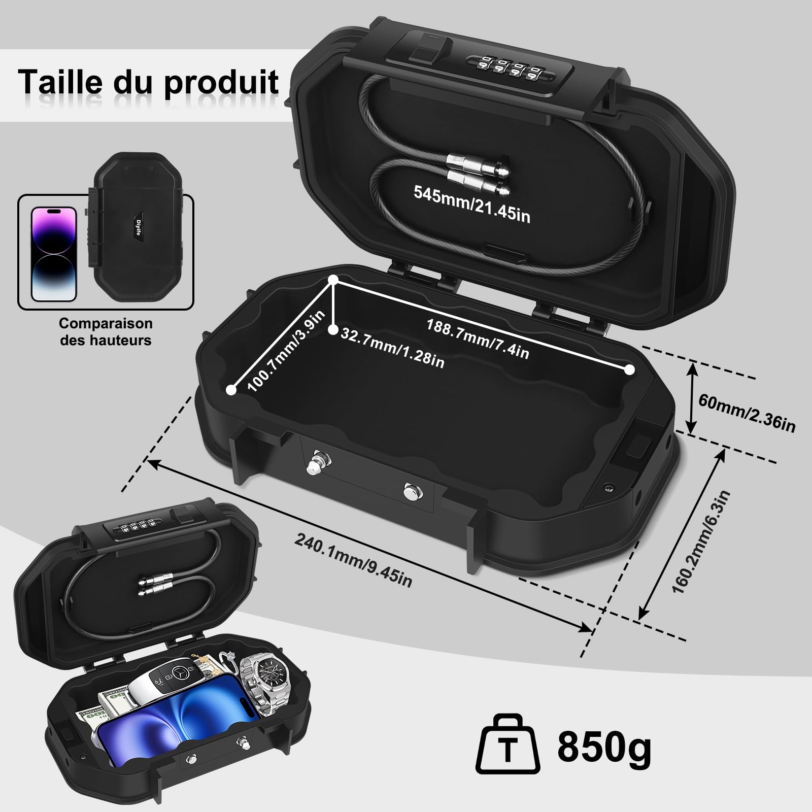 [IP68 & 2 Tête Verrou]Diyife Coffret Fort Portable Sécurisé, 4 Chiffres Combinaison Petit Coffre Fort, Doublure en Silicone, Câble en Acier Amovible-Anti-Coupure et Anti-Perte, pour Maison Hôtel Plage