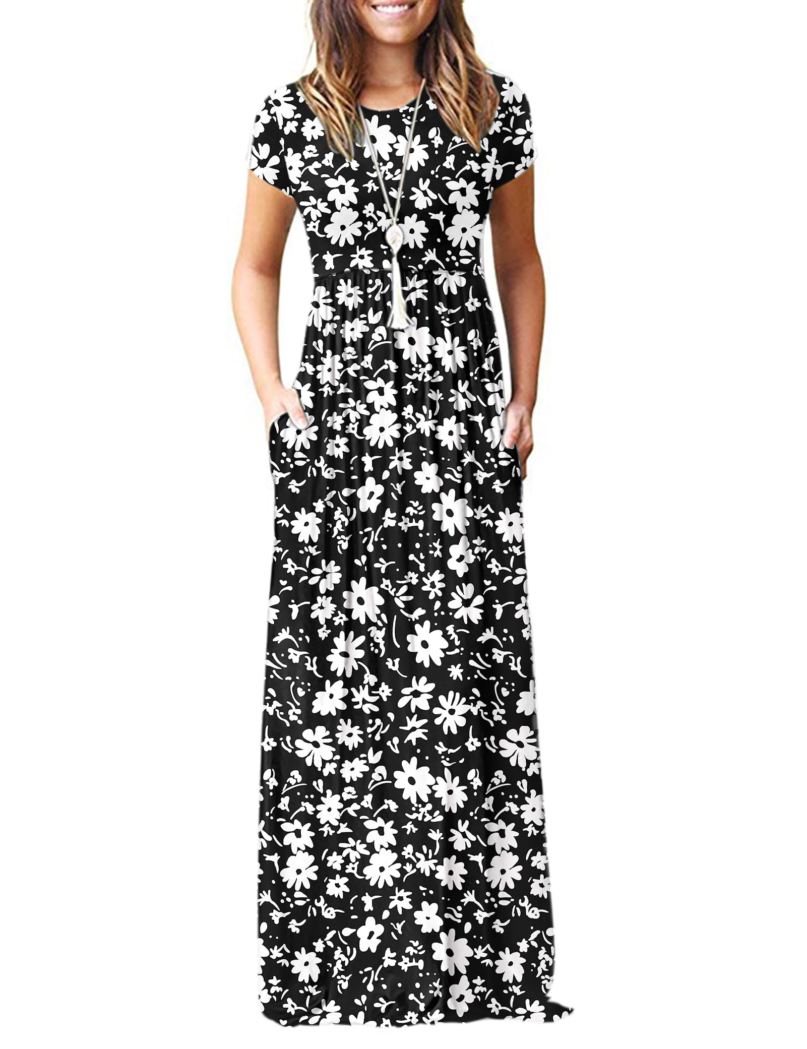 MISFAY Women Short Sleeve Loose Plain Maxi Dresses Casual Long Dresses Pockets