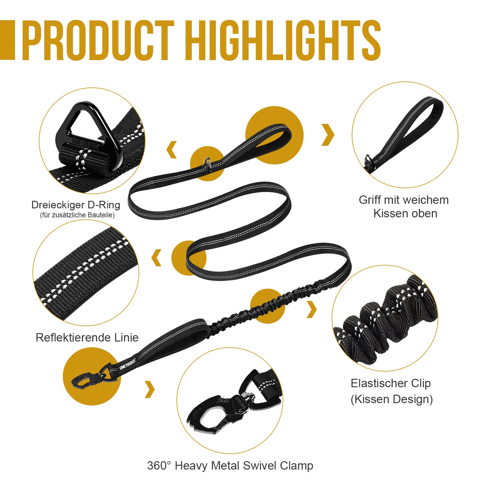 OneTigris Smycz dla Psa 152-188 cm, Bungee Jumping Design z Metalowym Klipsem i 2 Miękkimi Wyściółkami, Odblaskowa Nylonowa, dla Średnich i Dużych Psów, Czarna