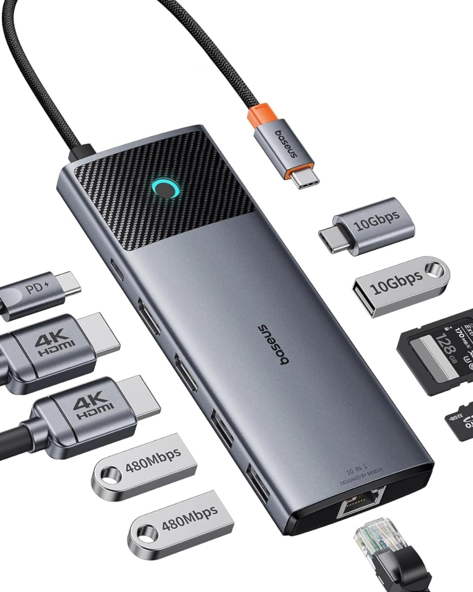 Baseus Docking Station Dual Monitor,10 Gbps 10 in 1 Docking Station con 2 HDMI Single 4K @120Hz, Dual 4K @ 60 Hz, 10 Gbps USB-A e USB-C, Gigabit Ethernet e PD 100 W per iPhone 15/Dell/HP/Lenovo e più