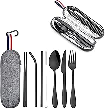 Travel Utensils with Case, HaWare Stainless Steel Portable Flatware Set, Reusable Camping Silverware Set, 8-Piece Cutlery Tableware Set Includes Knife, Spoon, Fork, Chopsticks, Straws, Cleaning Brush