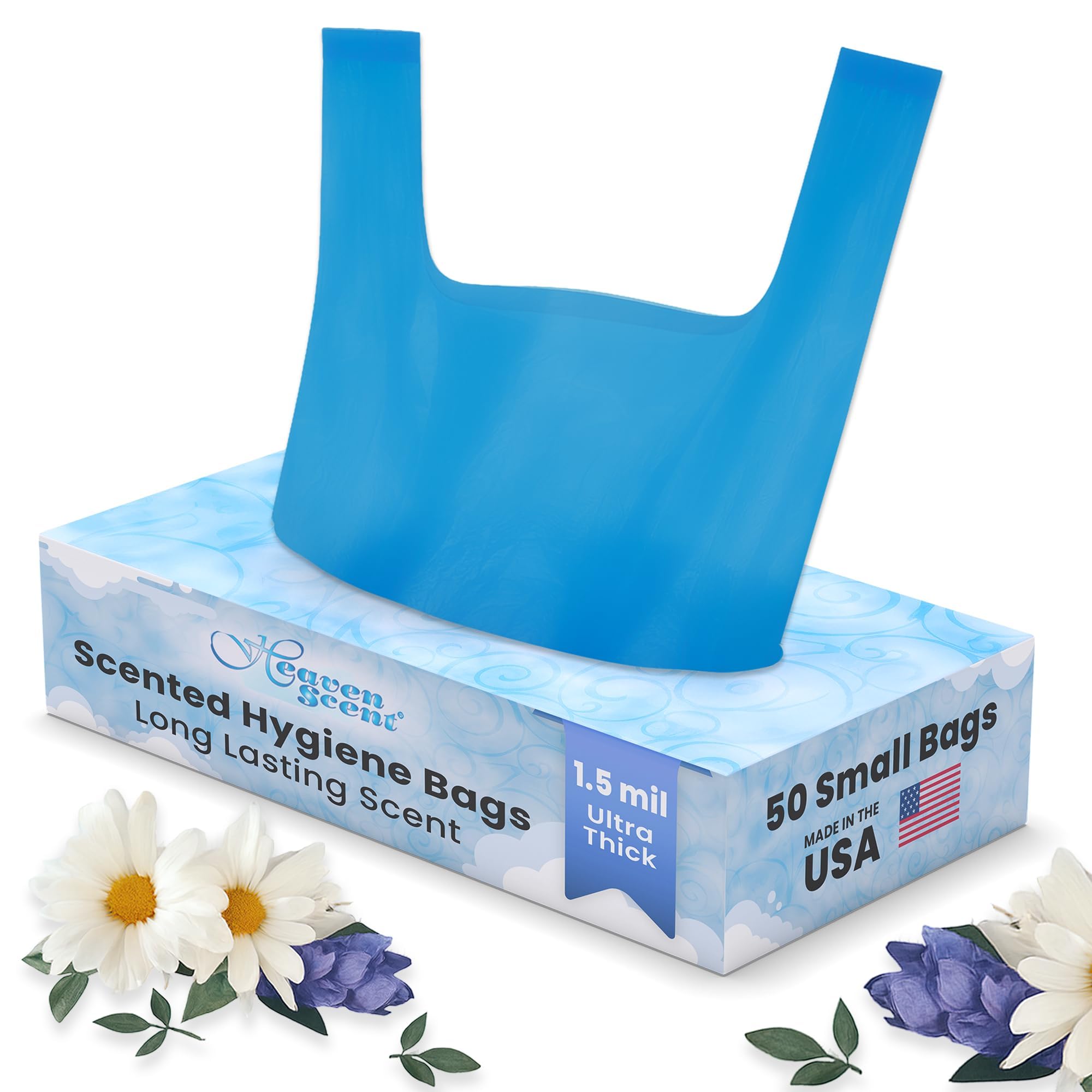 Hygiene Bags 1.5MIL ULTRA-THICK Discreet Waste Disposal | MADE IN THE USA | Mild Baby Powder Scented Trash Bags for Adult Briefs & Feminine Products - Small, 50 Bags