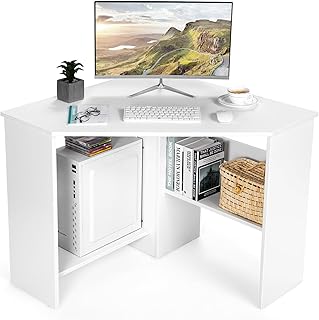 COSTWAY Corner Computer Desk, Space-Saving Triangular Writing Desk w/ 2 ...