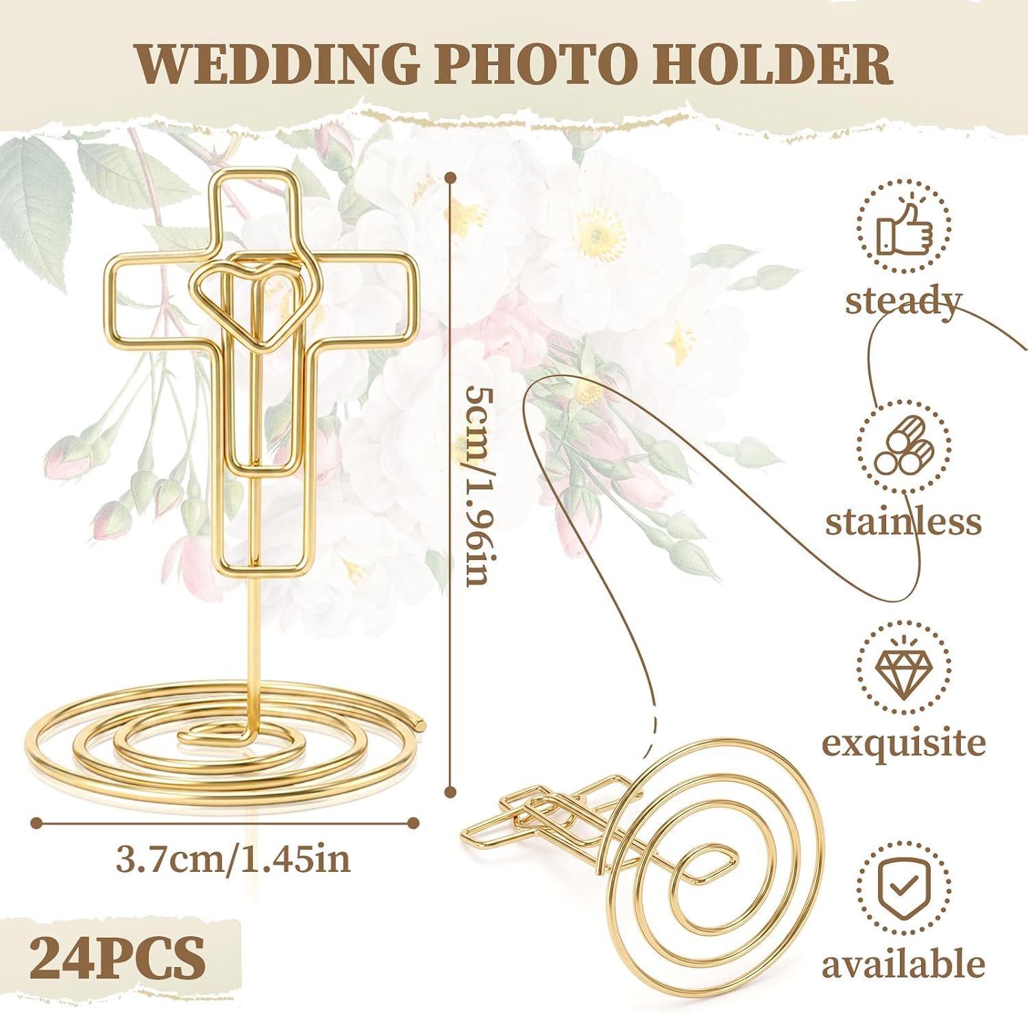 SiliFine 24 Pcs Gold Heart Cross Table Number Holders, 2 Inch