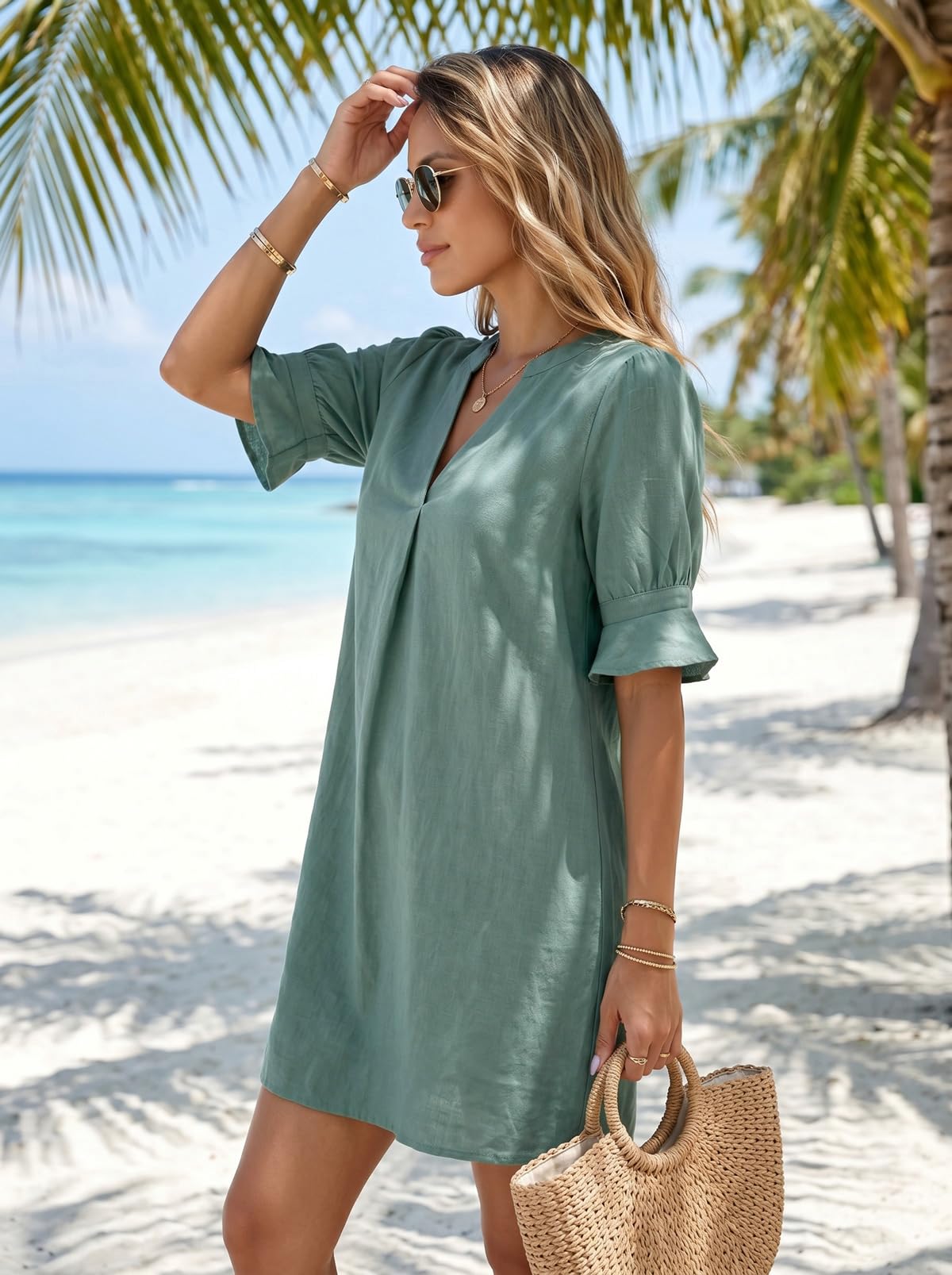 YUTILA Damen Strandkleid Kurz Leinenkleid V-Ausschnitt Bikini Cover Up Sommerkleid Strand Tunika Baumwolle Leinen Locker Leicht Unifarben Beachwear